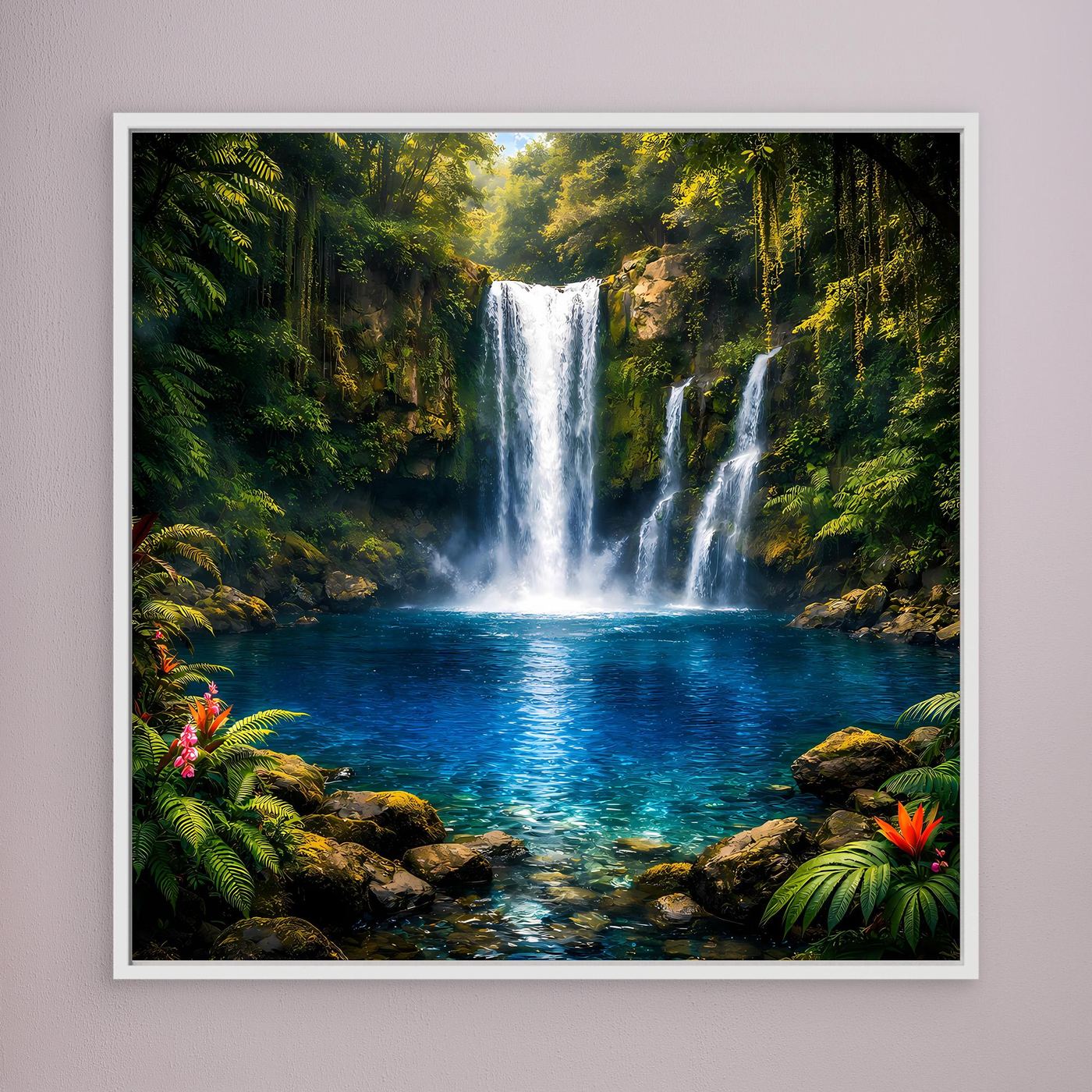 Leinwandbild tropischer Wasserfall im Querformat mit weißem Rahmen