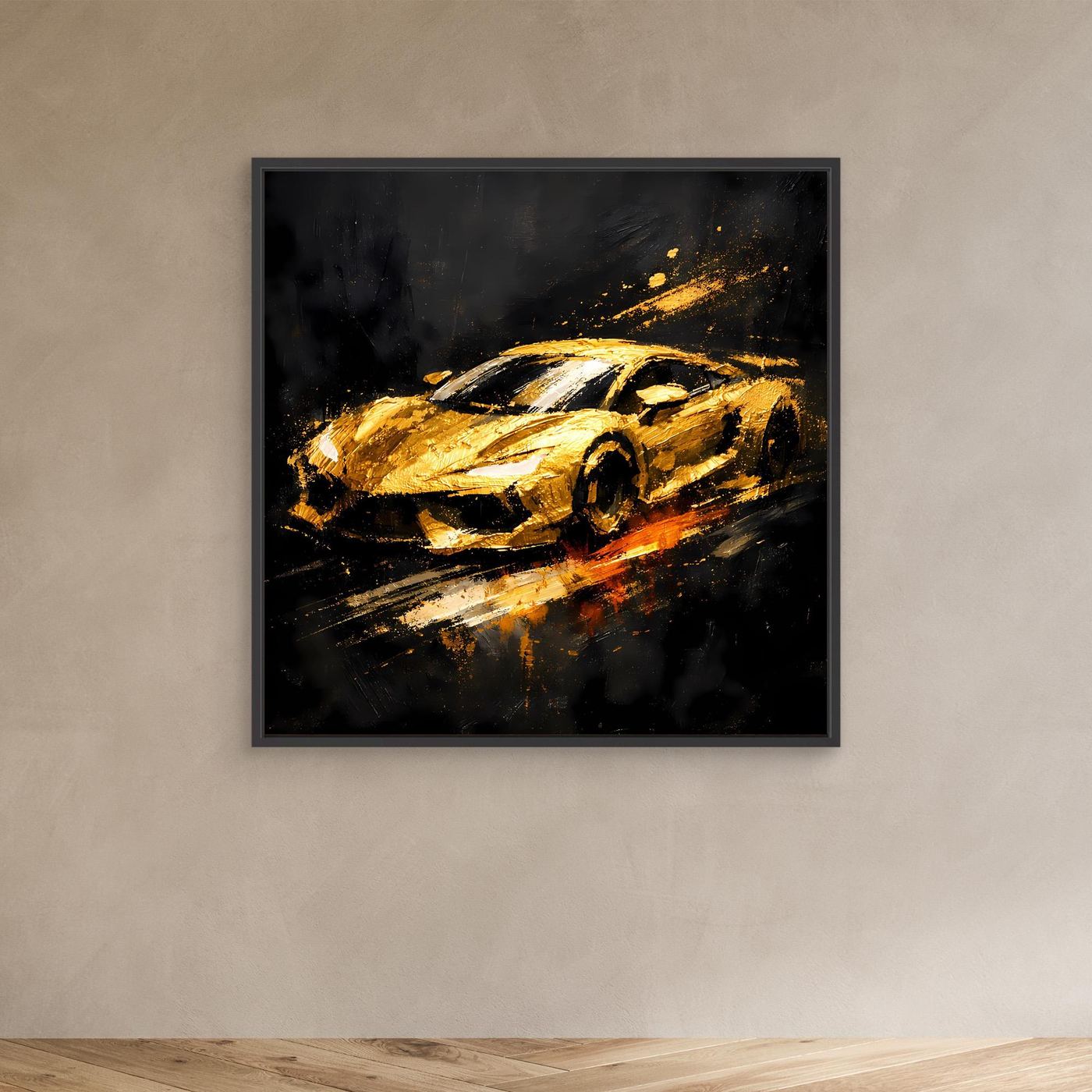Leinwand Goldener Sportwagen Abstrakt | Modernes Rennwagen Wandbild Schwarz Gold