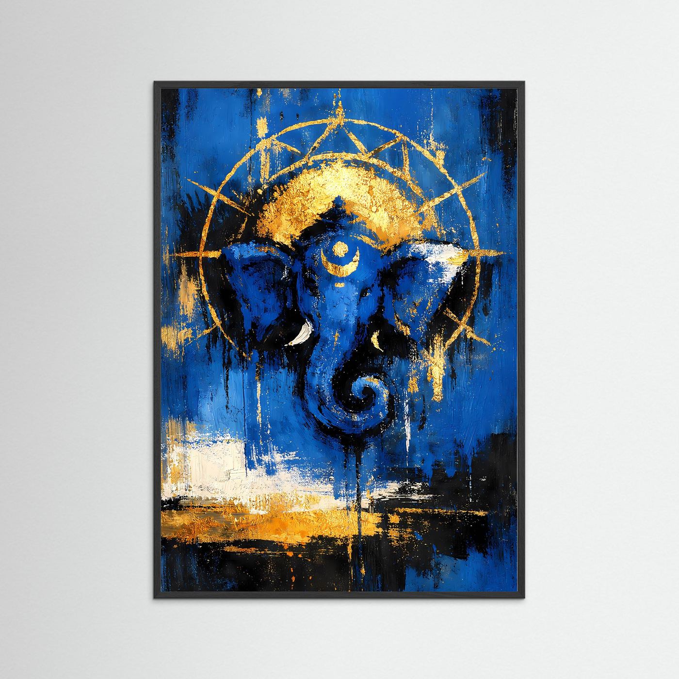 Abstraktes Löwenkopf-Kunstposter mit schwarzem Rahmen, blau-goldenes Motiv, Hochformat