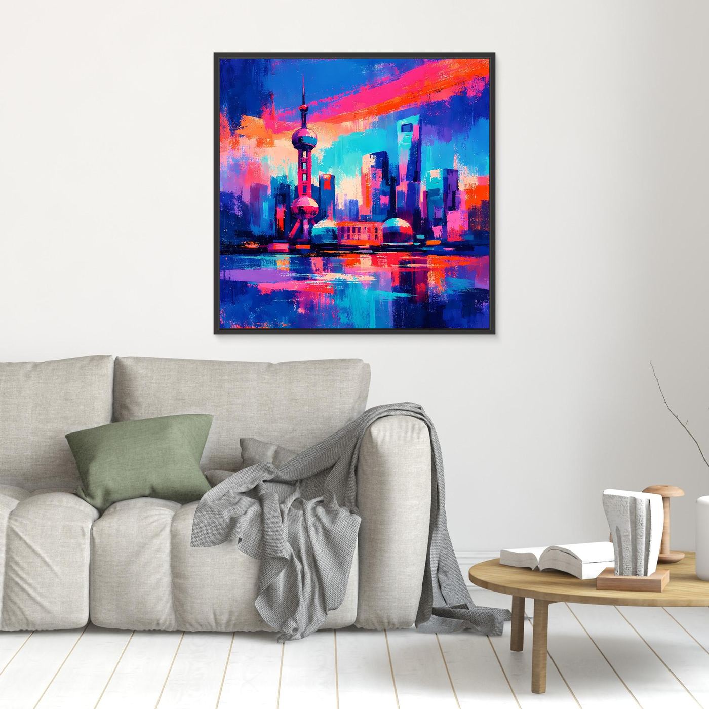 Neon-Stadt-Wandbild mit Reflexionen, quadratisch, schwarz gerahmt