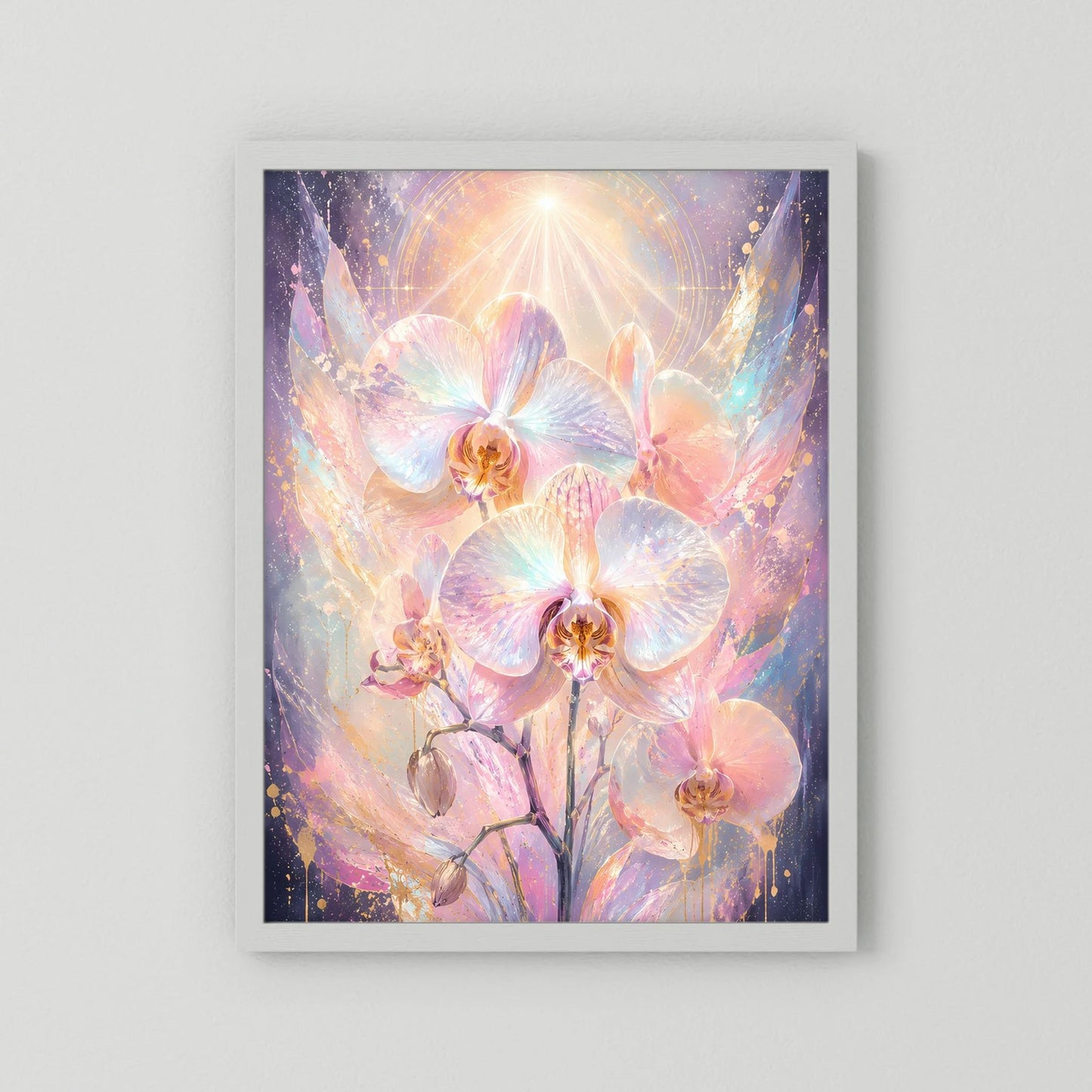 Poster im Hochformat mit Pastell-Orchideen, weißer Rand