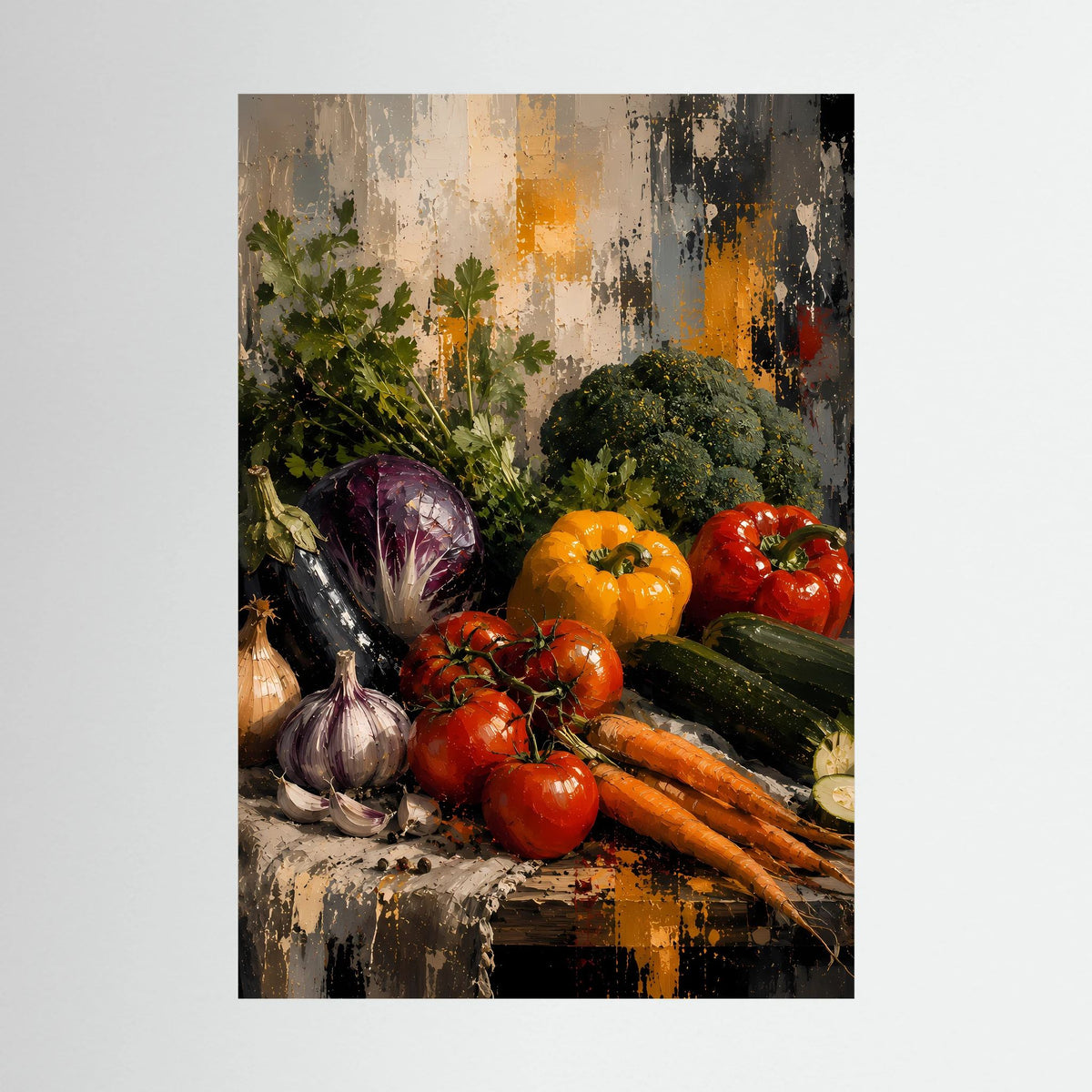 Poster Hochformat mit Gemüse-Stillleben: rote Tomaten, Paprika, Brokkoli, Zwiebeln und Karotten
