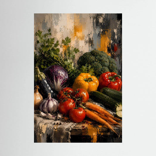 Poster Hochformat mit Gemüse-Stillleben: rote Tomaten, Paprika, Brokkoli, Zwiebeln und Karotten