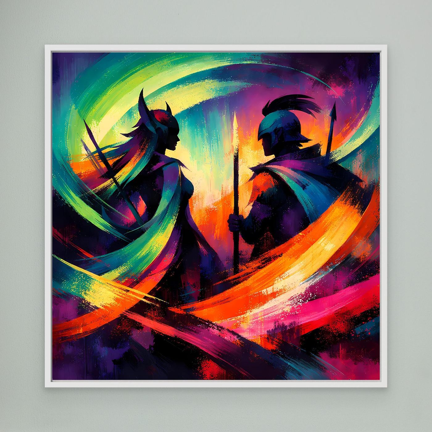 Leinwandbild mit zwei Krieger-Silhouetten und bunten Pinselstrichen, weißer Rahmen