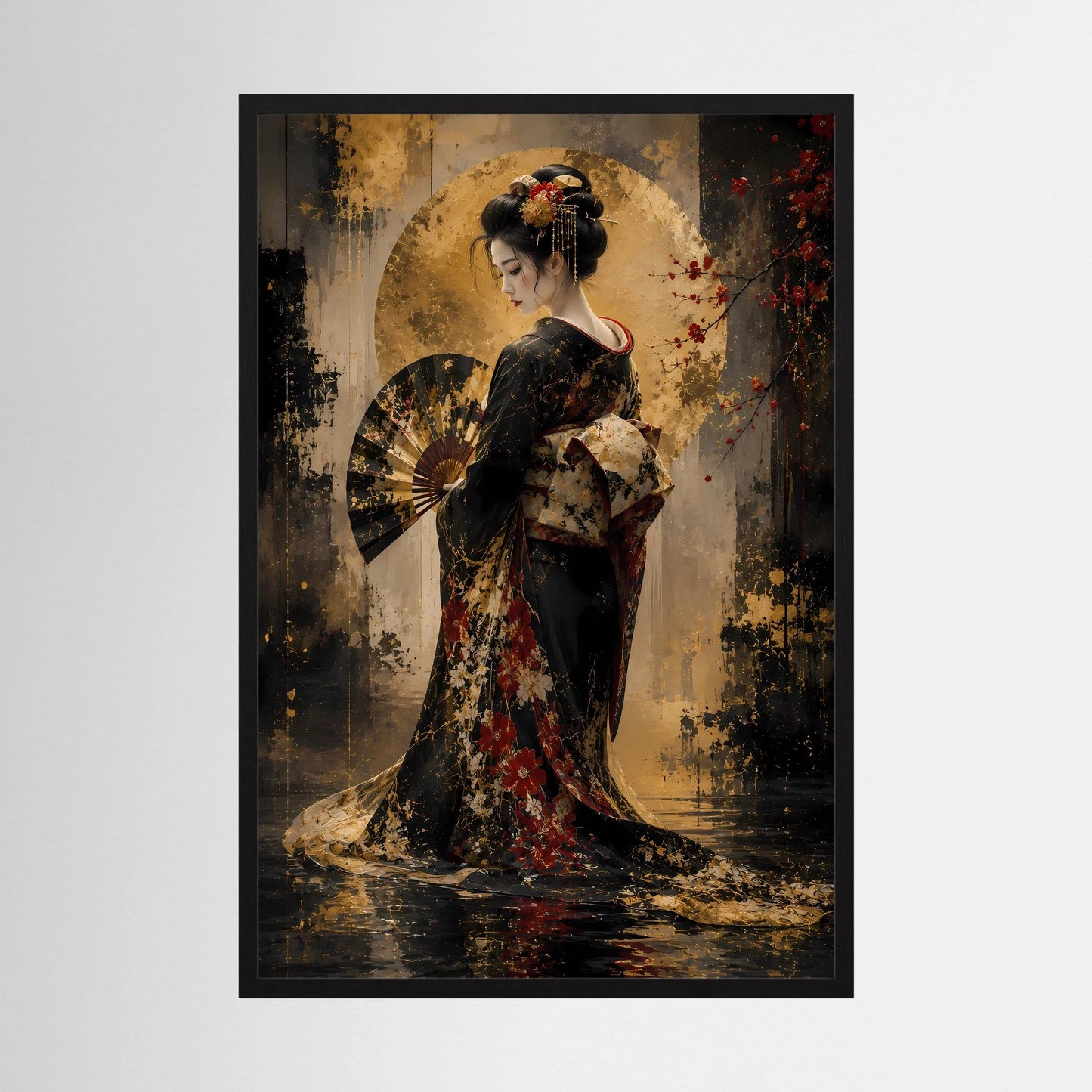 Hochformat-Poster mit Geisha im dunklen Kimono, Fächer und Goldakzenten, im schwarzen Rahmen