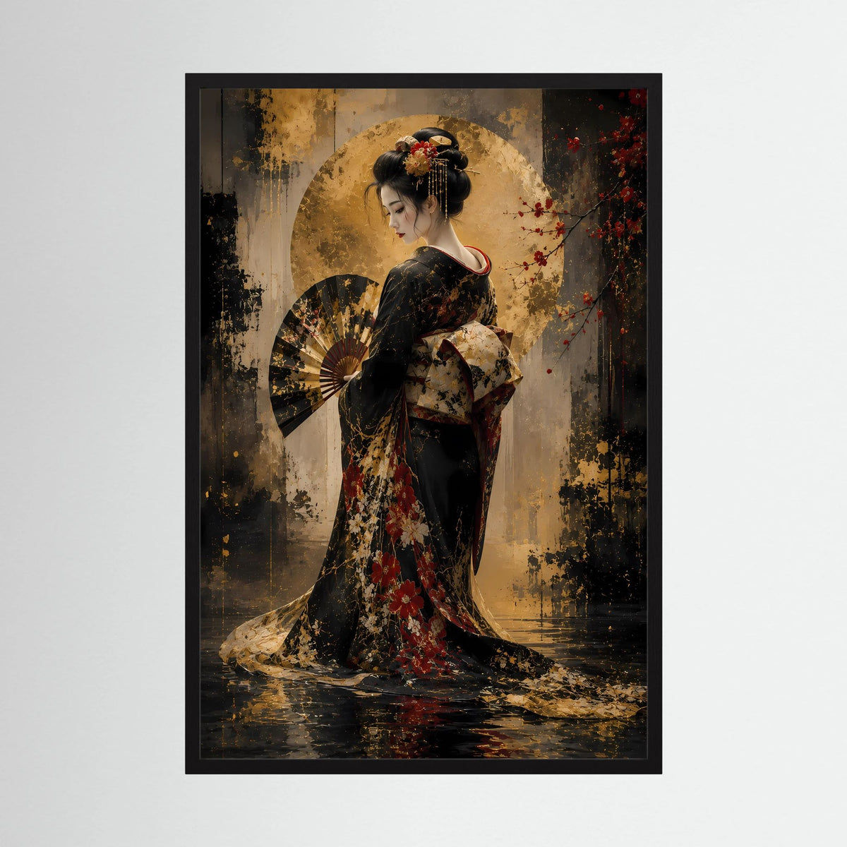 Hochformat-Poster mit Geisha im dunklen Kimono, Fächer und Goldakzenten, im schwarzen Rahmen