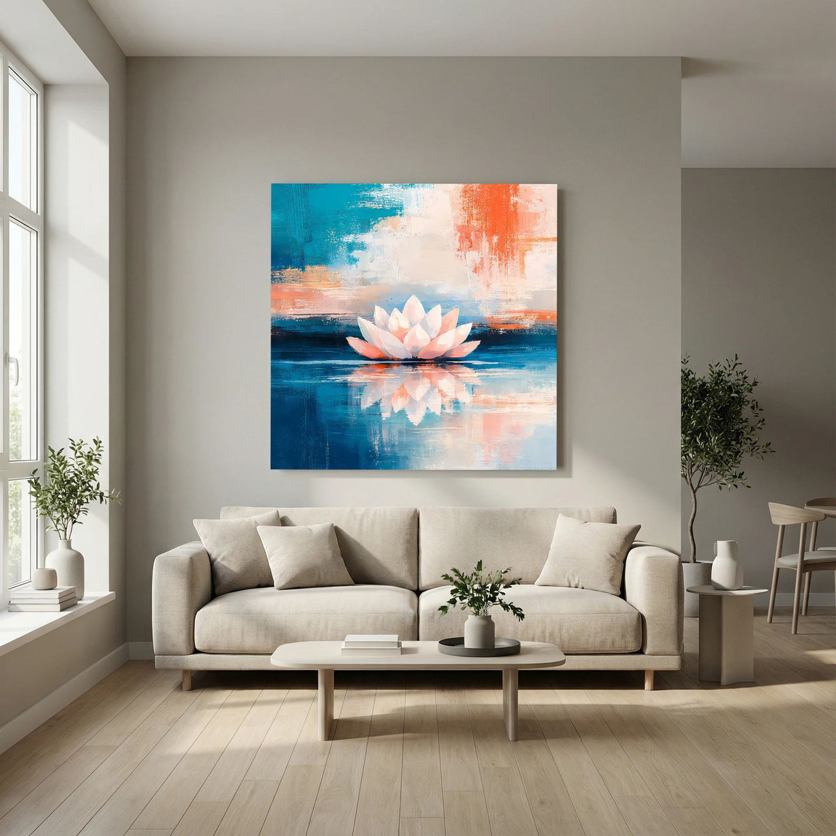 Leinwandbild mit abstrakter Lotusblüte auf Wasser, kontrastreiches Blau und Orange.