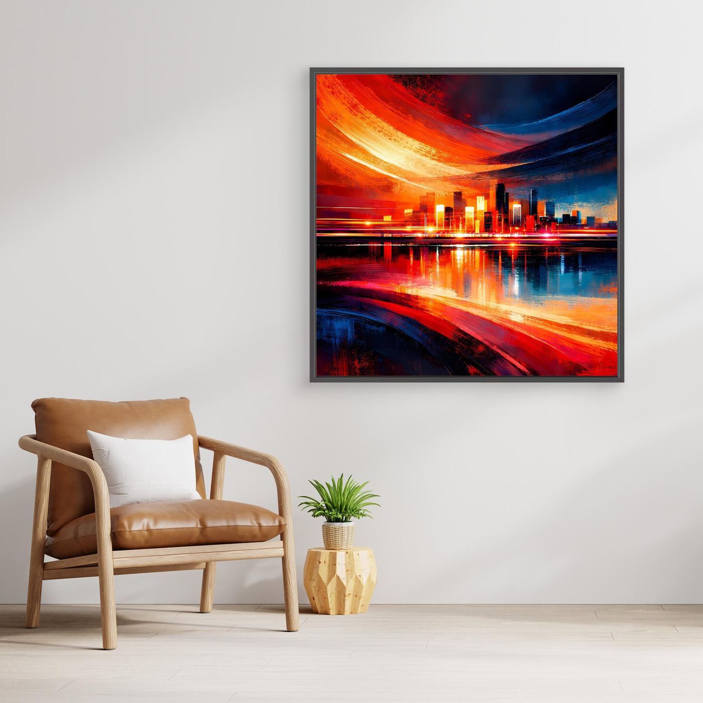 Gerahmtes Leinwandbild mit abstrakter Skyline und Lichtspuren, Rot- und Blautöne, dunkler Rahmen.