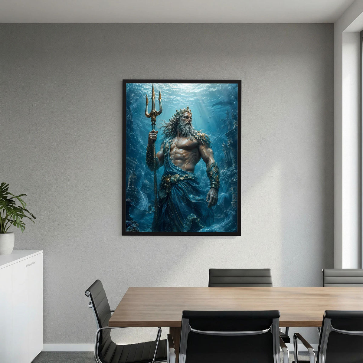 Hochformatiges Poster: Poseidon mit Dreizack im Unterwassermotiv, schwarzer Rahmen