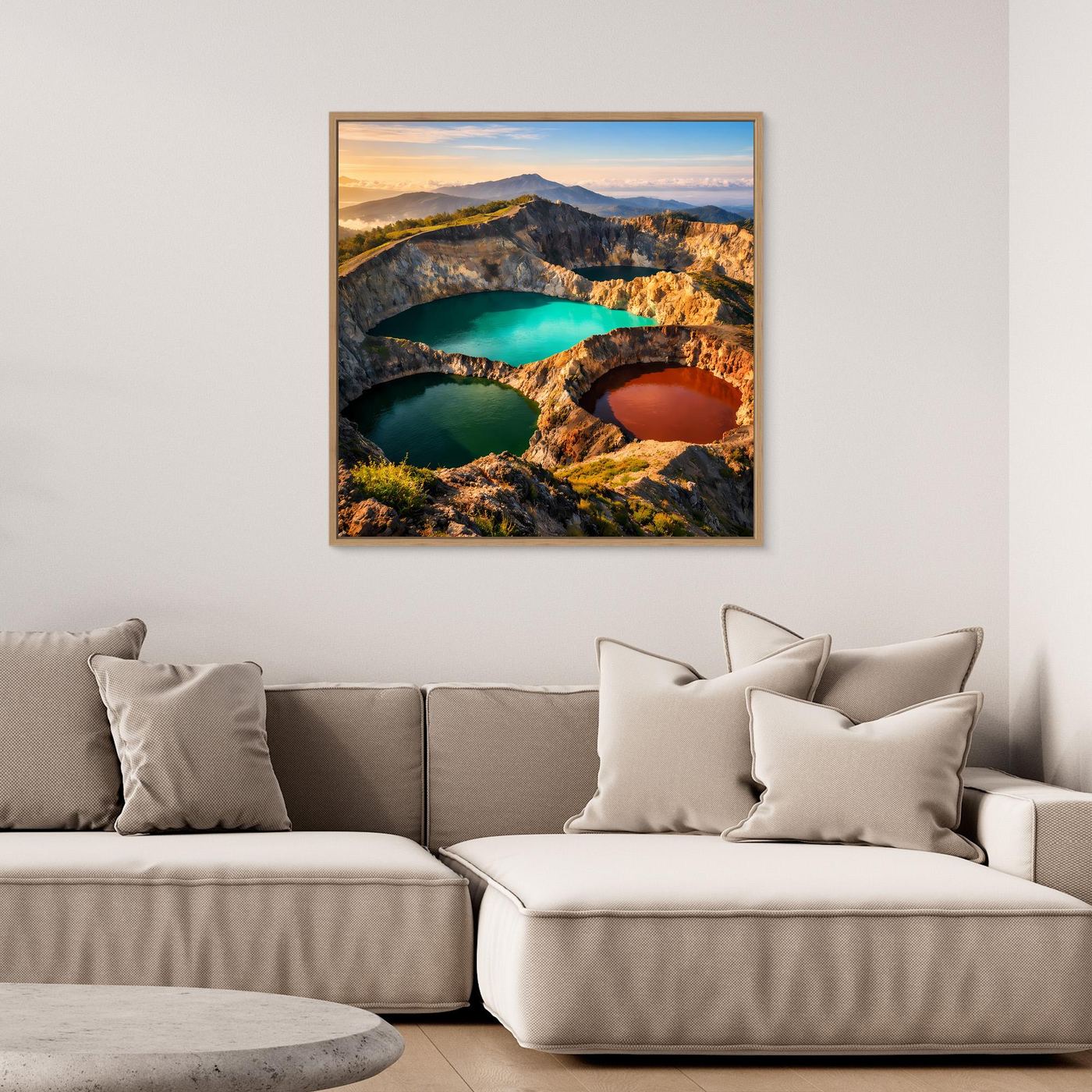 Leinwandbild mit bunten Kraterseen im Vulkan, Wandbild mit farbigen Seeufern im Rahmen