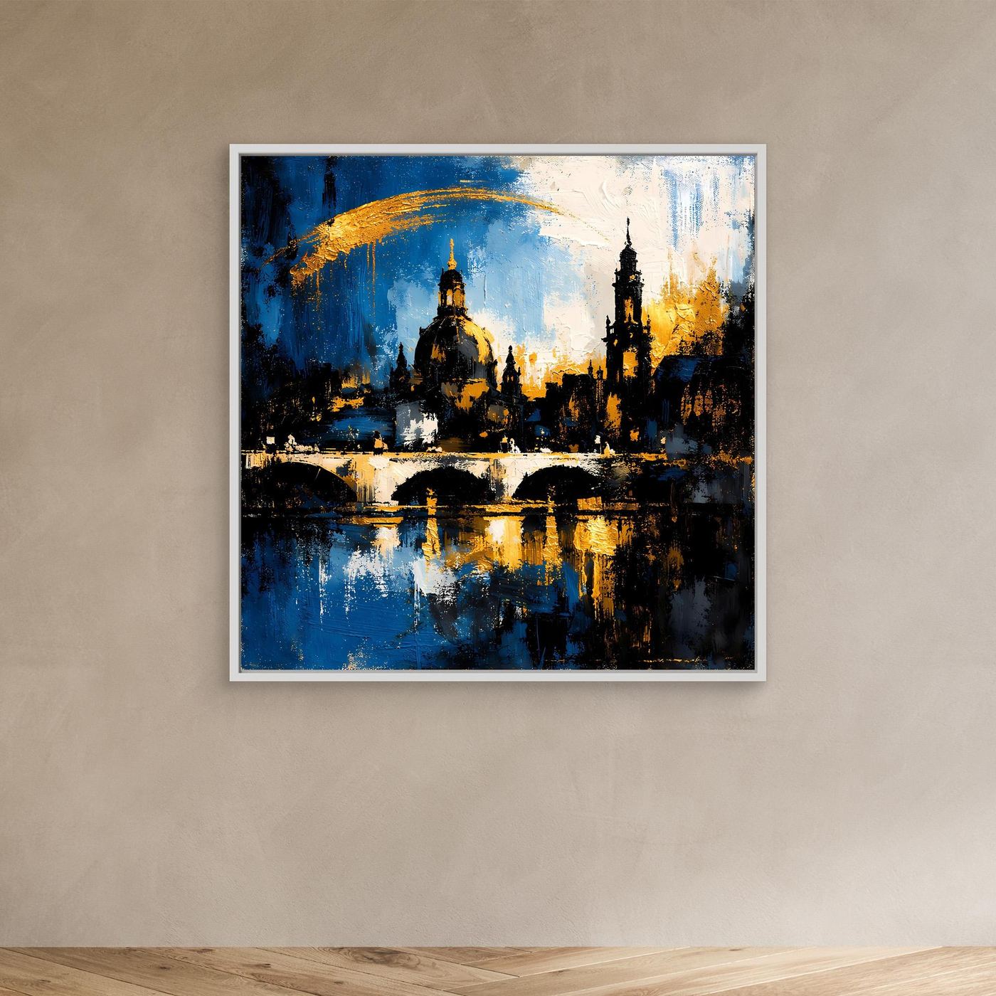 Leinwand-Wandbild mit abstrakter Skyline in Blau, Gold und Schwarz, Elbansicht mit weißem Rahmen