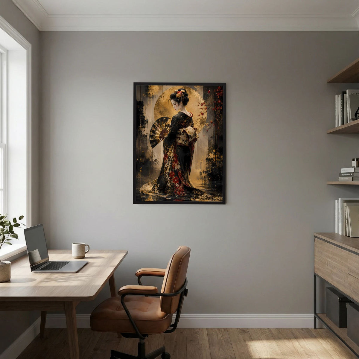 Hochformat-Wandposter mit Geisha-Figur im Kimono, dunkle Töne, goldene Verzierungen, schwarzer Rahmen.