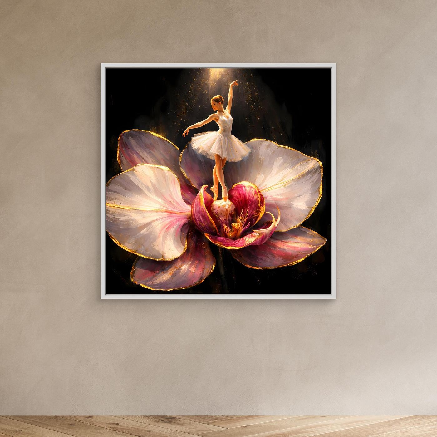 Premium Leinwand Elegante Ballerina auf Orchidee | Abstraktes Ballett Wandbild mit Goldakzenten