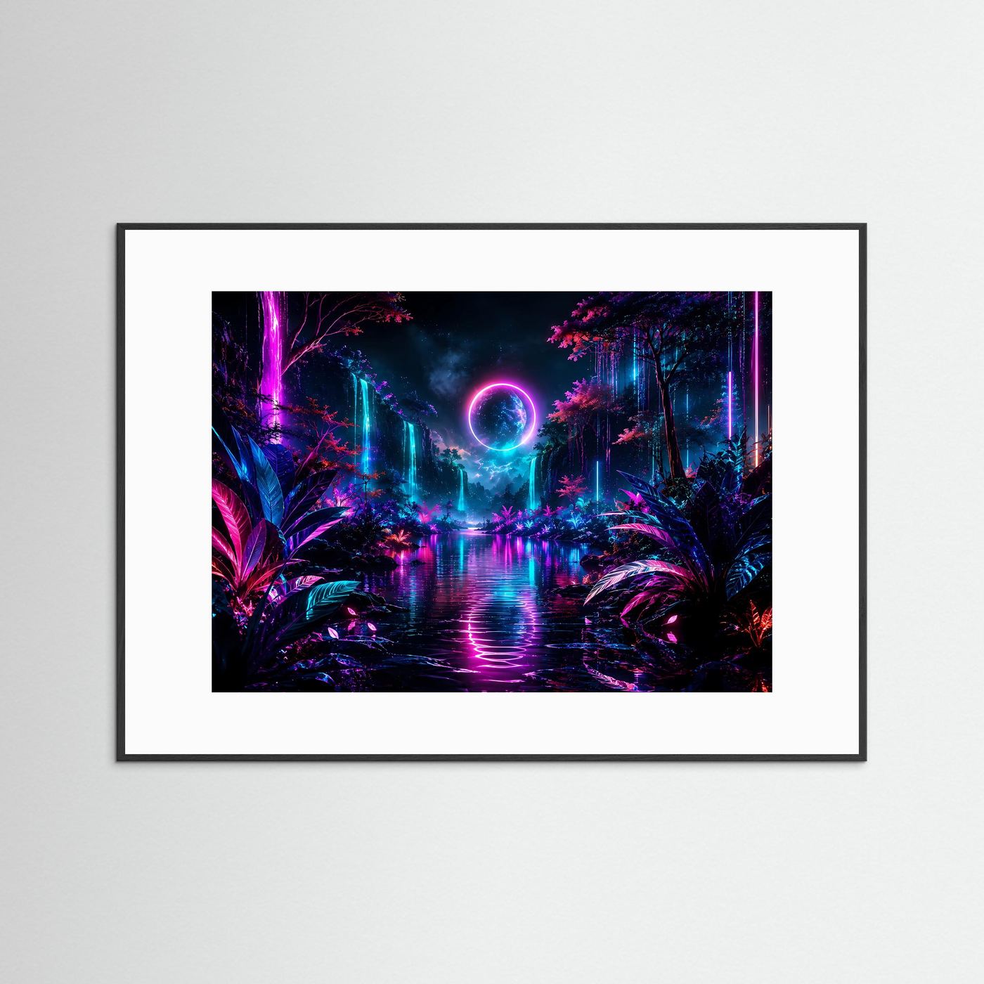 Neon Fantasy Landschaft Poster | Leuchtender Wasserfall Wandkunst | Futuristische Natur | Cyberpunk Landschaft in Pink & Blau