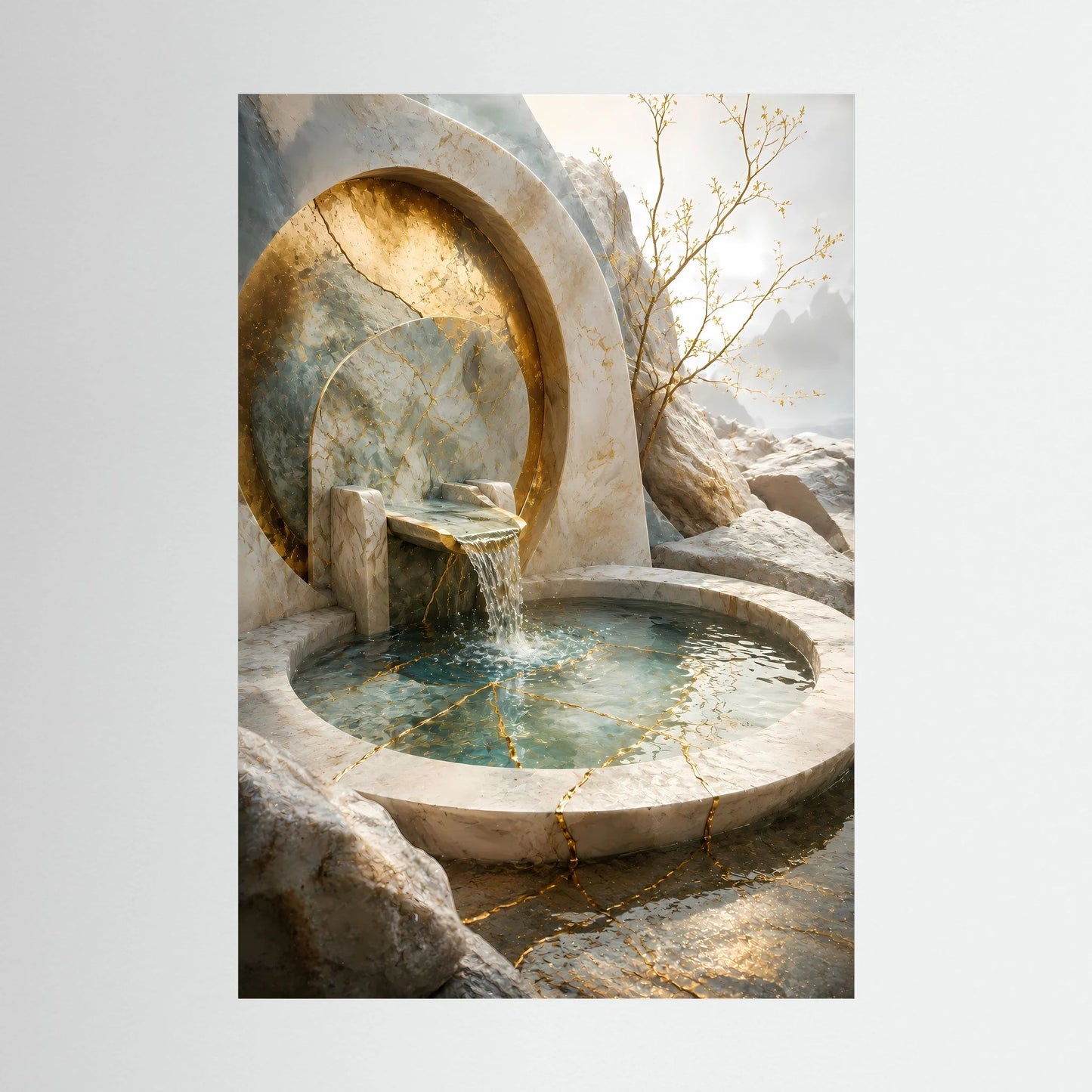 Hochformat-Poster mit rundem Steinbrunnenbecken, Wasserfontäne und goldfarbenen Akzenten