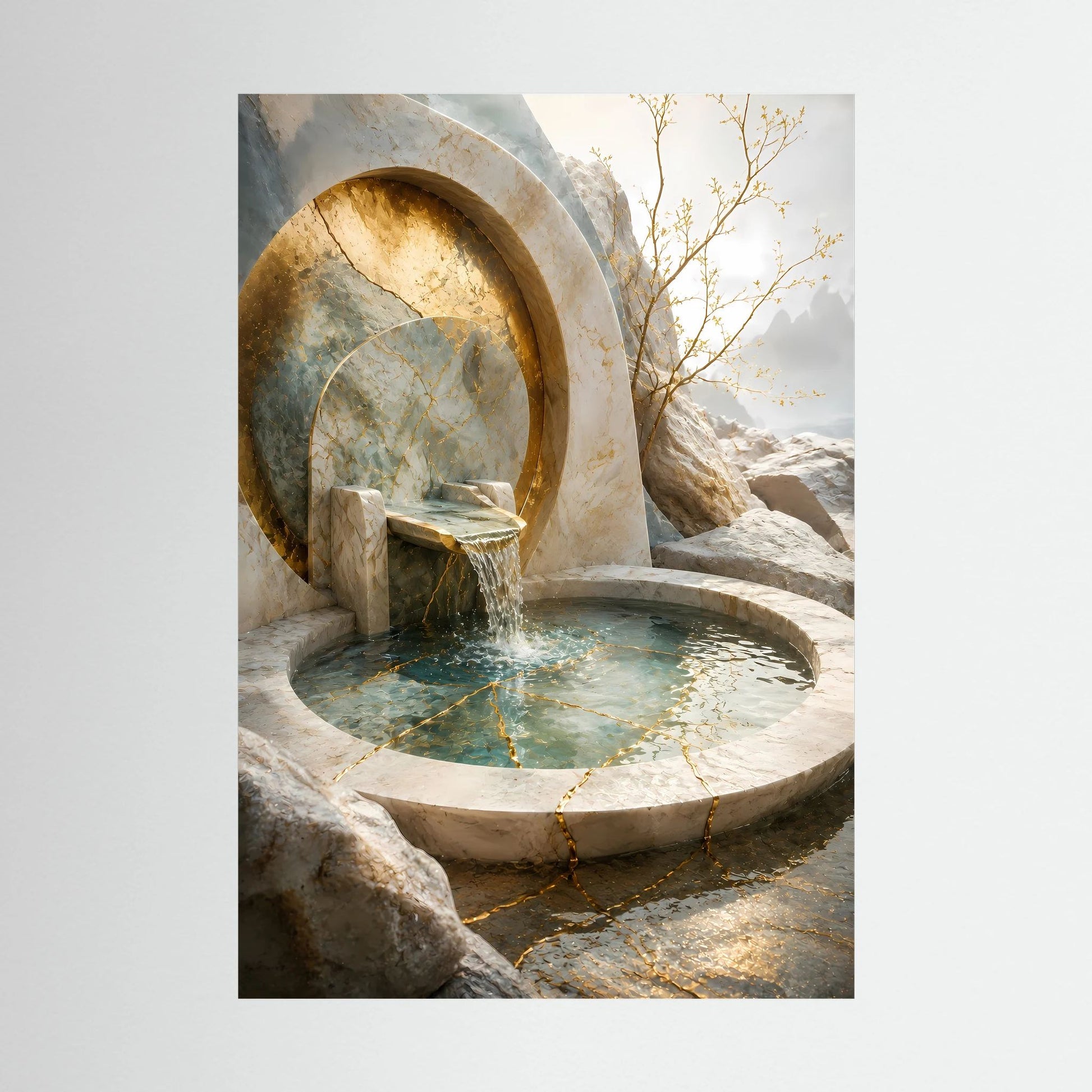 Hochformat-Poster mit rundem Steinbrunnenbecken, Wasserfontäne und goldfarbenen Akzenten