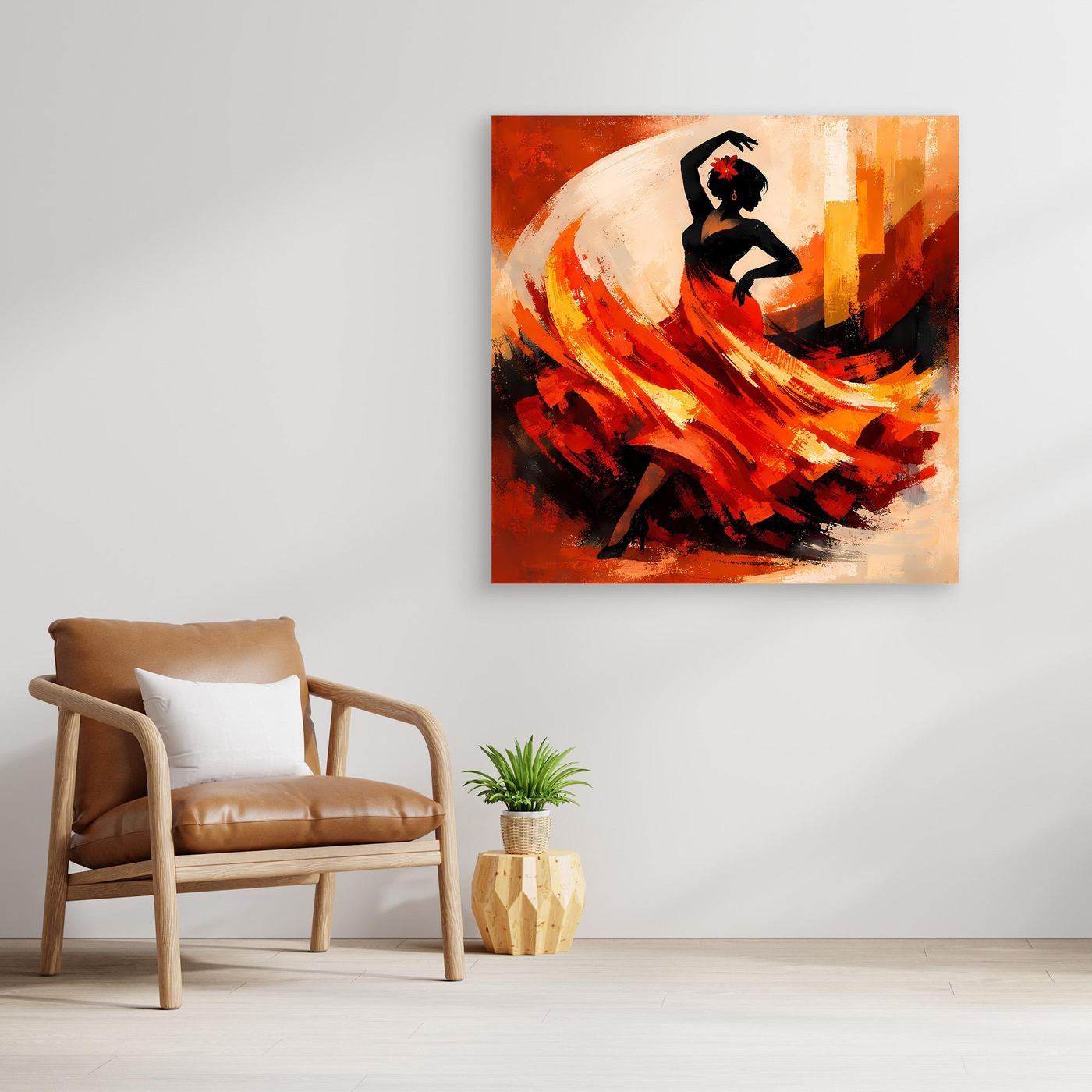 Leinwand-Wandbild der Flamenco-Tänzerin in Schwarz mit kräftigen Rot- und Orangetönen