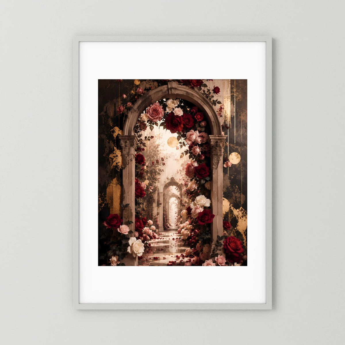 Hochformatiges Poster im weißen Rahmen mit Rosenbogen und roten Blüten