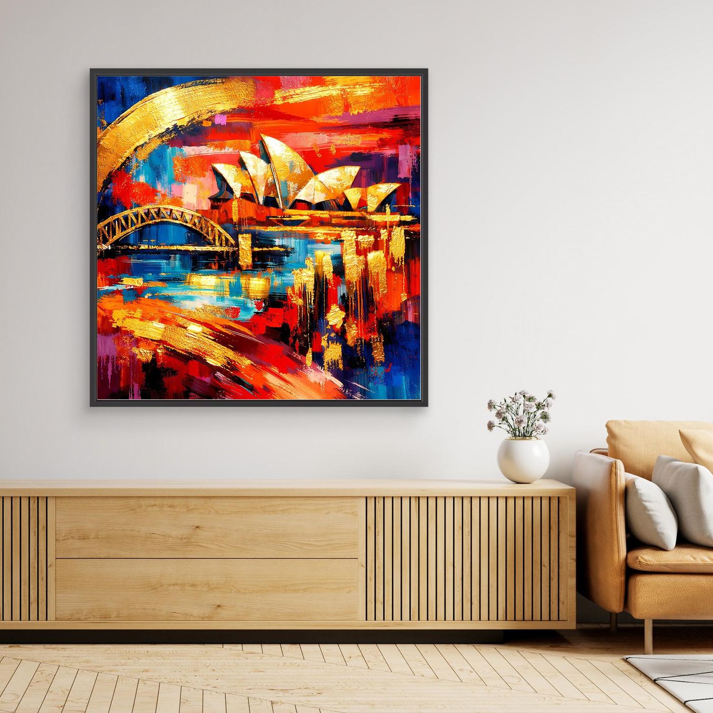 Leinwandbild mit abstrakter Skyline, farbigem Hafen und Opernhaus, schwarzer Rahmen