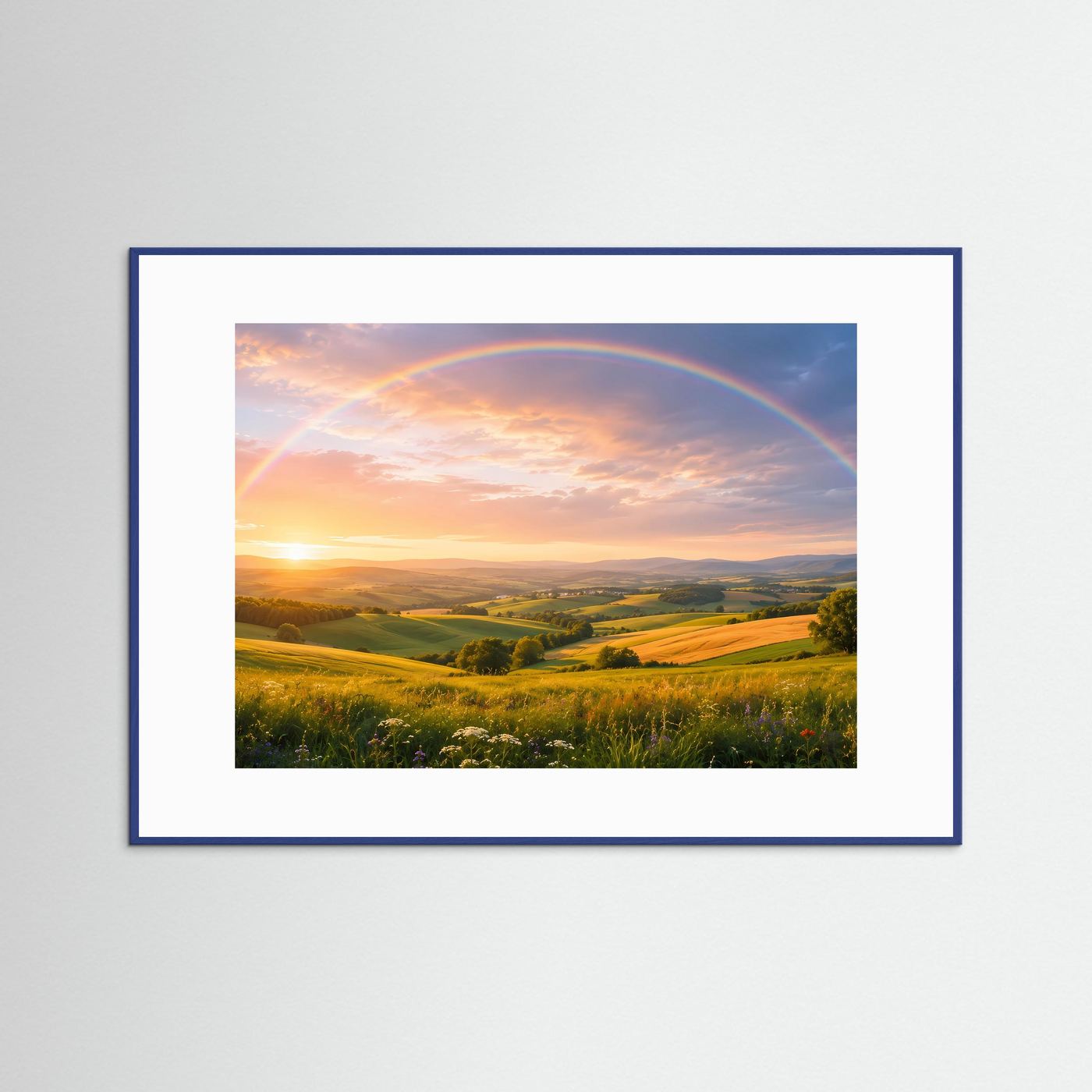 Gerahmtes Poster Querformat mit Regenbogen über Landschaft bei Sonnenuntergang im blauen Rahmen