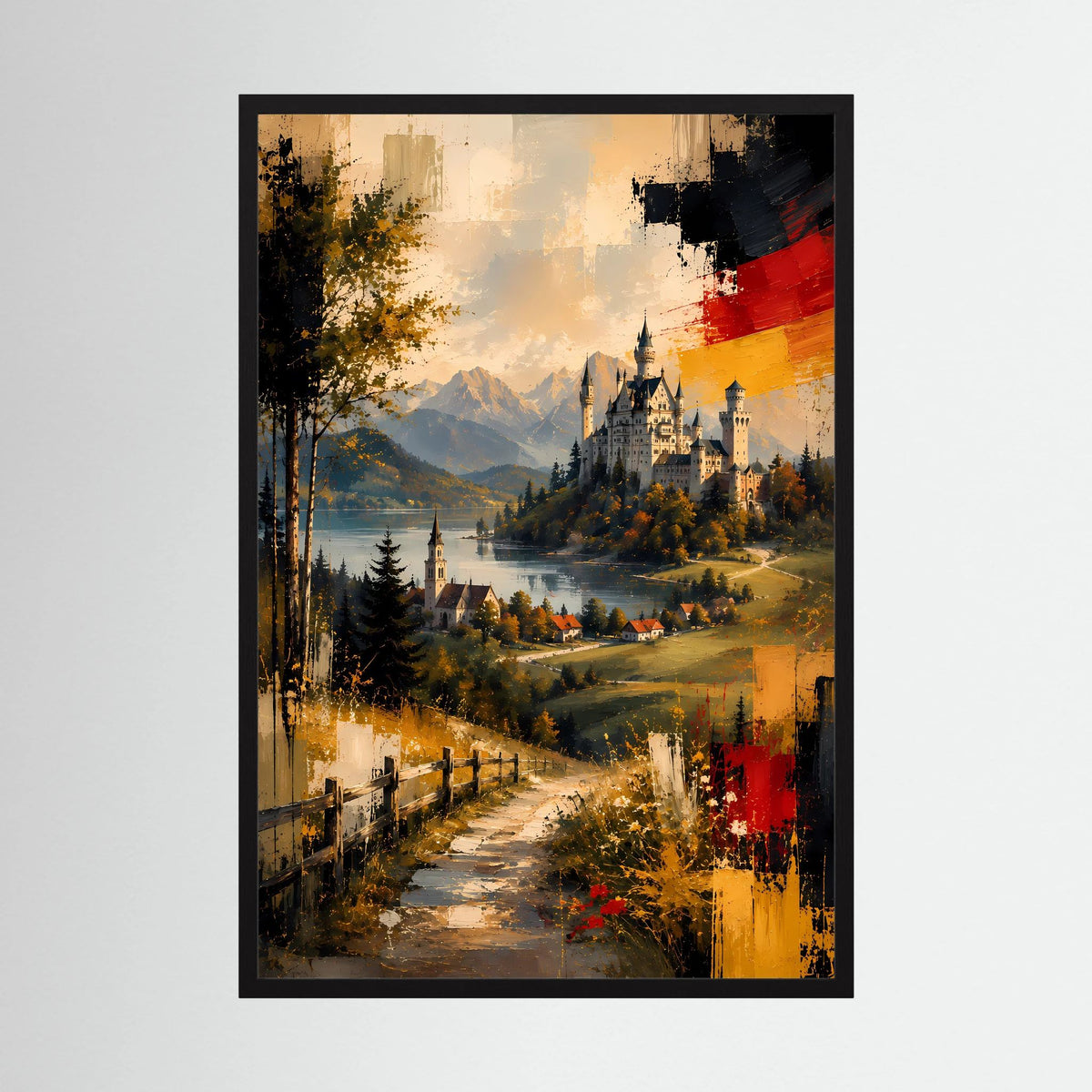 Kunstposter im Hochformat mit schwarzem Rahmen: abstrakte Alpenlandschaft mit Schloss und Pfad