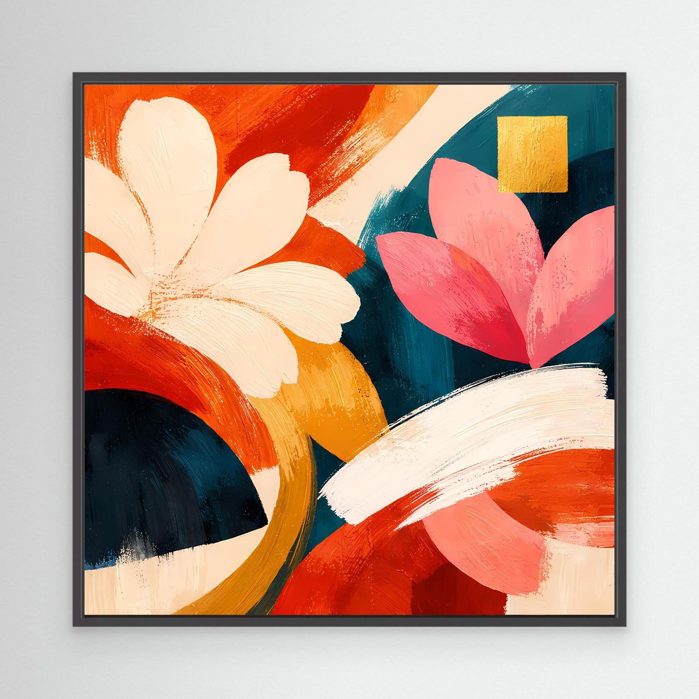 Abstraktes Leinwand-Wandbild mit weißen und rosafarbenen Blüten, im schwarzen Rahmen.