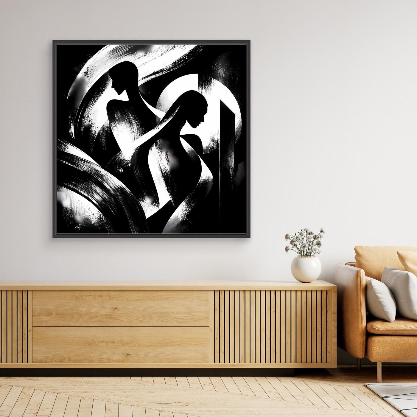 Gerahmtes Leinwand-Wandbild mit abstrakten Schwarz-Weiß-Silhouetten, weißem Pinselstrich auf dunklem Hintergrund