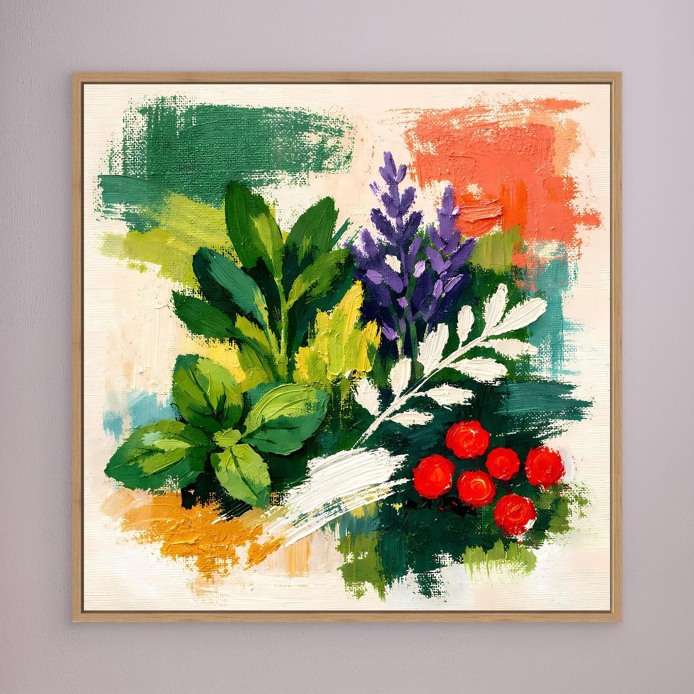 Abstract herb botanical canvas wall art with green, purple, and red foliage, wood frame