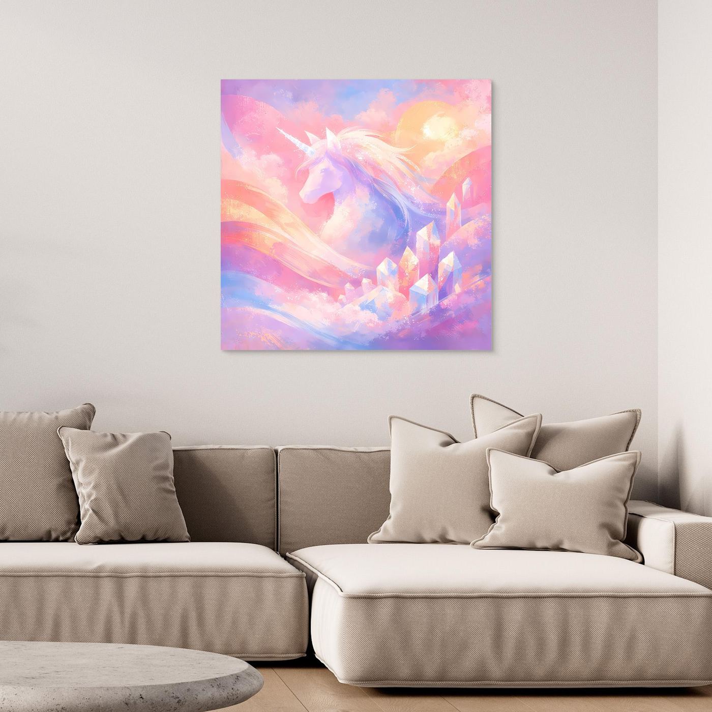 Leinwandbild mit magischem Einhorn, abstraktes Fantasy-Motiv in Pastellfarben