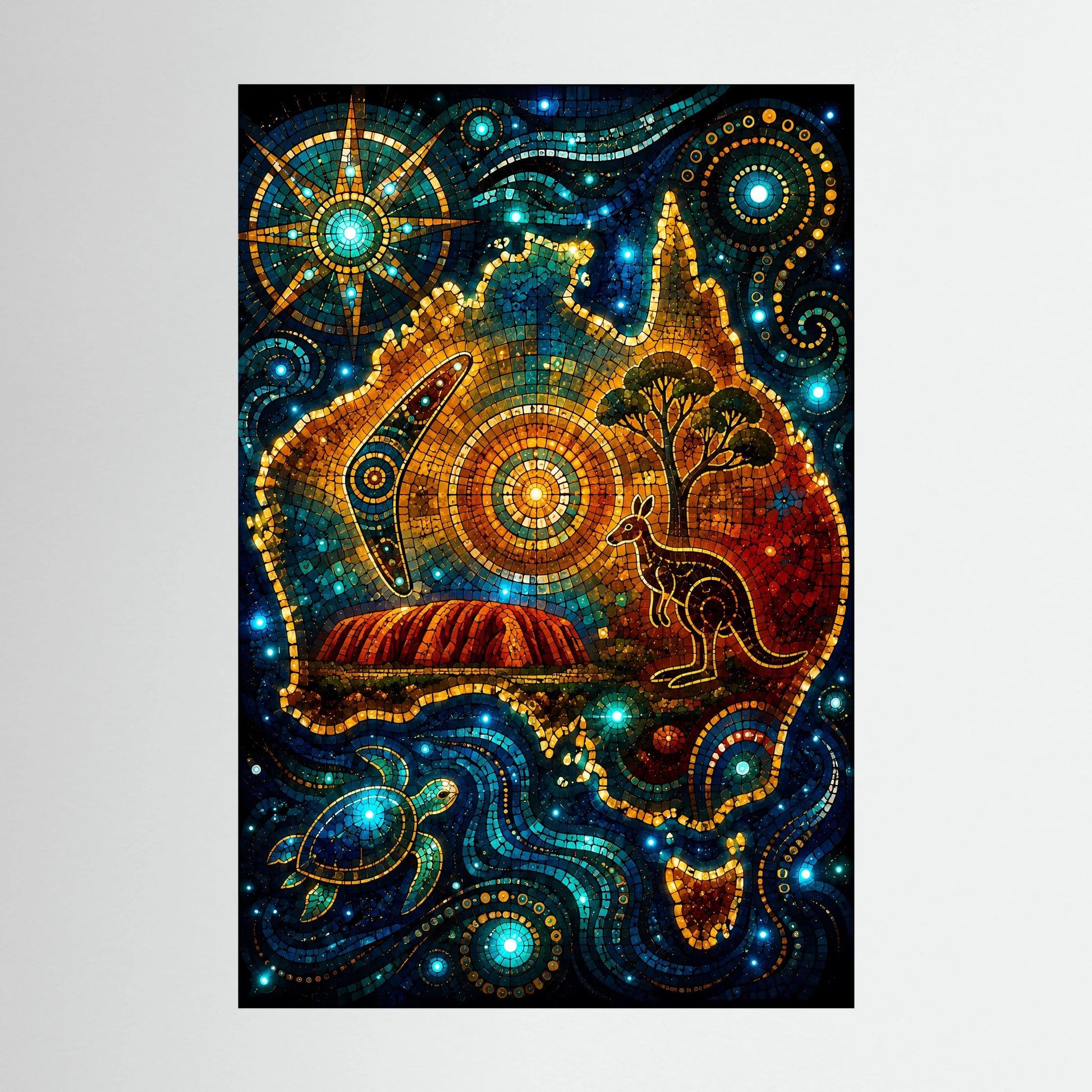 Gerahmtes Hochformat-Poster mit Mosaikmotiv: Känguru, Uluru und Meeresschildkröte, schwarz gerahmt.