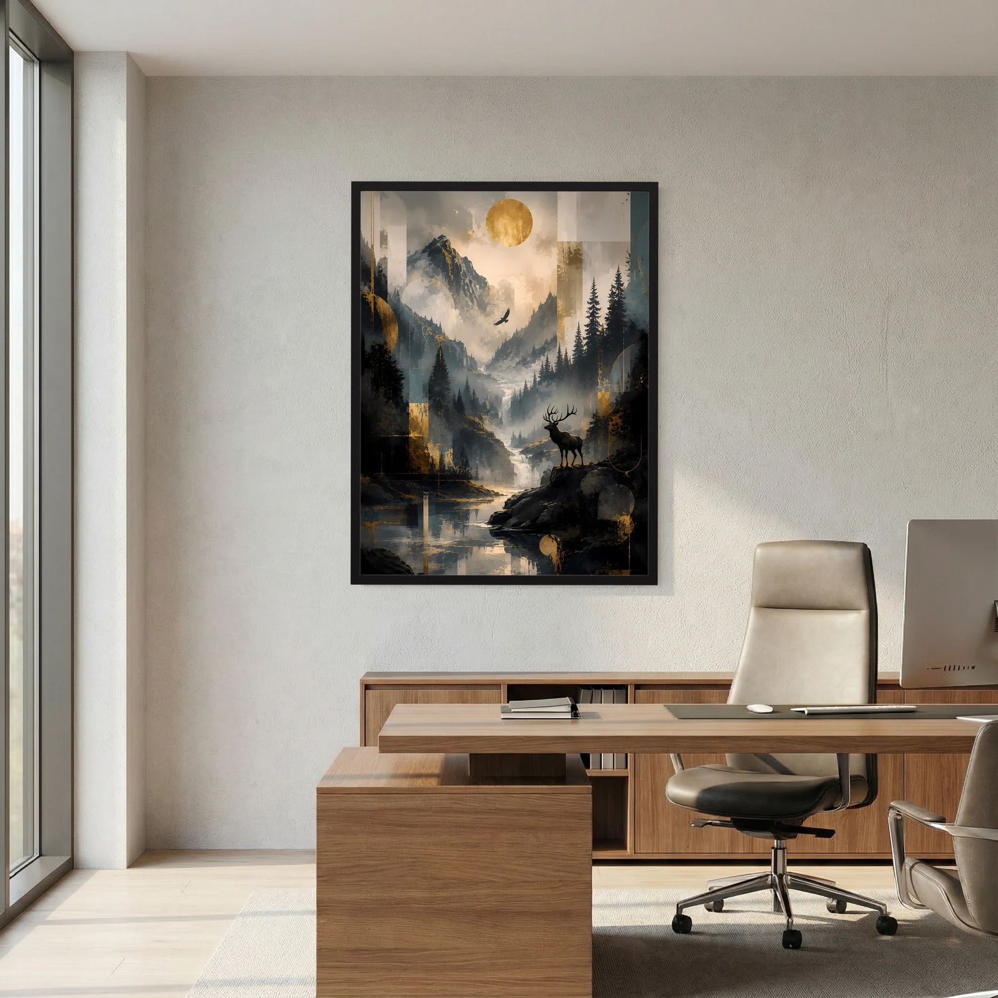 Poster mit Berglandschaft und Hirsch, goldene Sonne, im schwarzen Rahmen