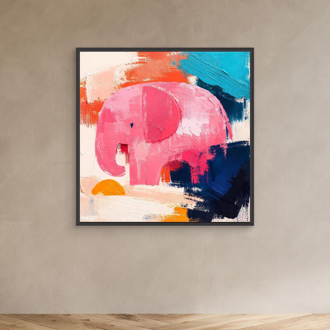 Black-framed abstract elephant wall painting with pink elephant and blue, orange highlights