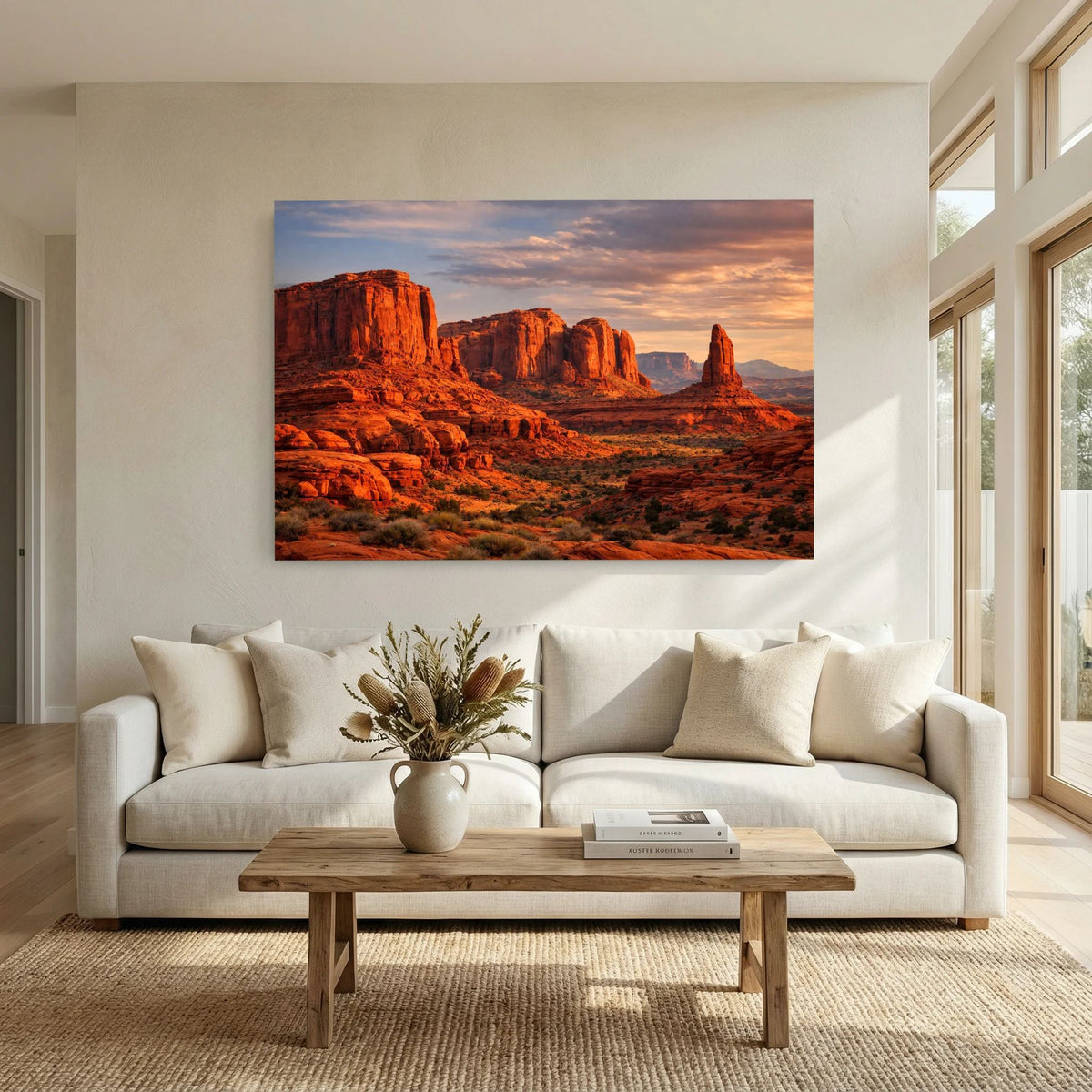 Wandbild im Querformat mit roter Felslandschaft und Abendhimmel über Couch