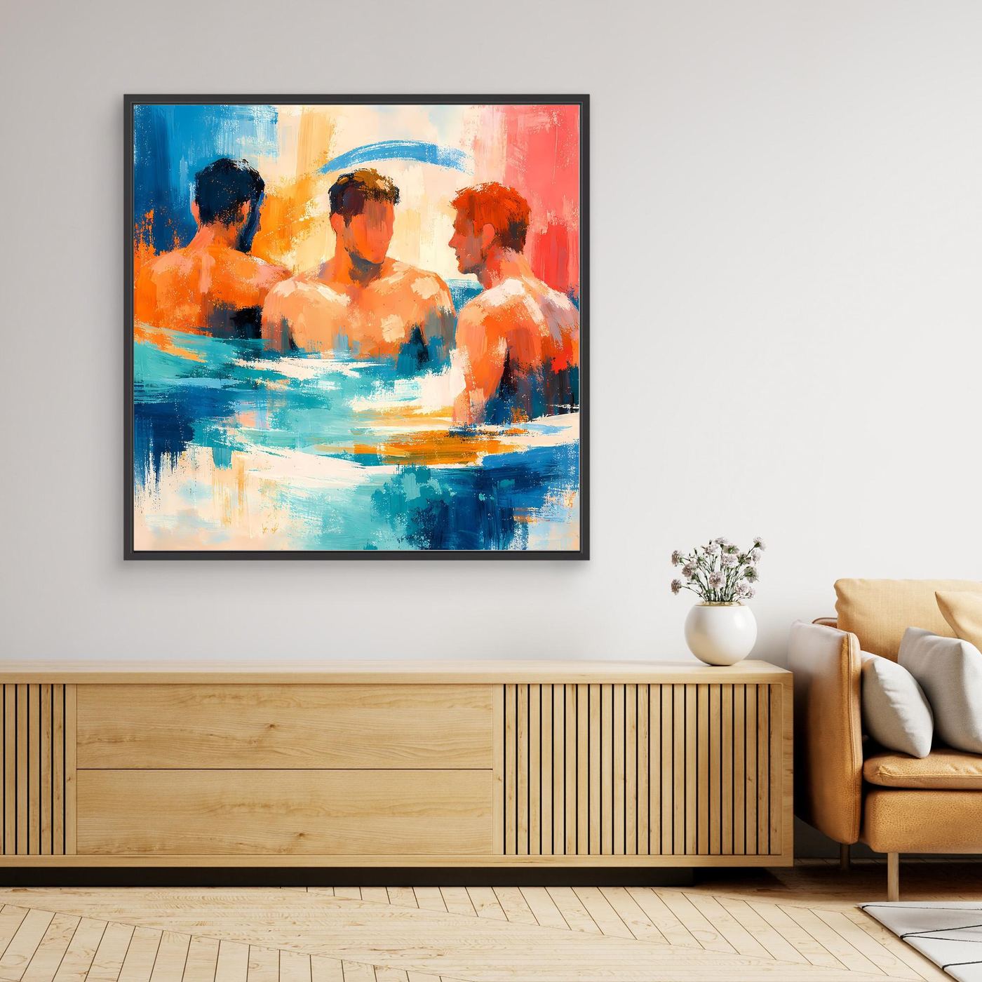 Framed abstract canvas wall art featuring three men in water, blue and orange tones