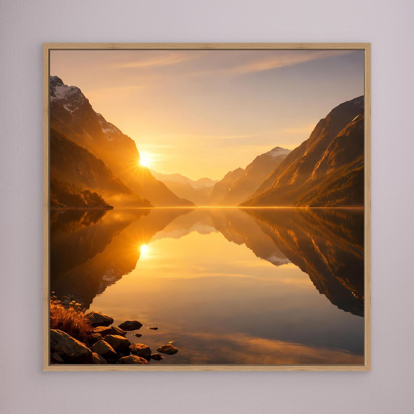 Leinwandbild mit Sonnenaufgang über Fjord, spiegelndes Bergtal, goldbrauner Holzrahmen.