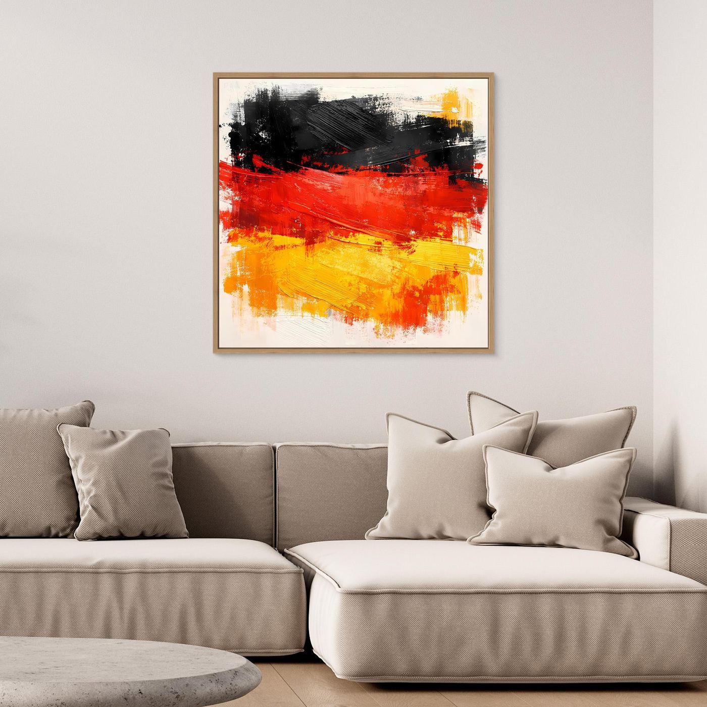 Abstract Germany flag wall art with black, red, and gold brush strokes in oak frame