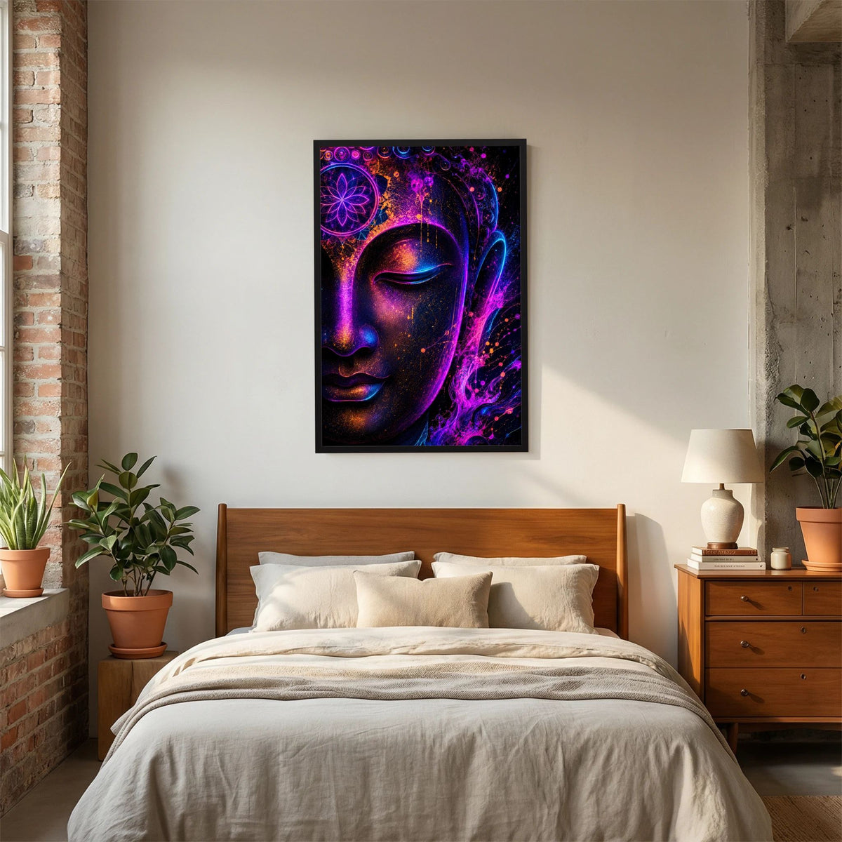 Neon-Buddha-Poster mit schwarzem Rahmen über dem Bett, Buddha-Gesicht in Neonfarben