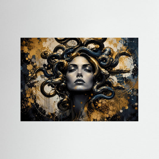 Poster mit Medusa-Gesicht in Schwarz und Gold, abstraktes Mythologie-Wandbild