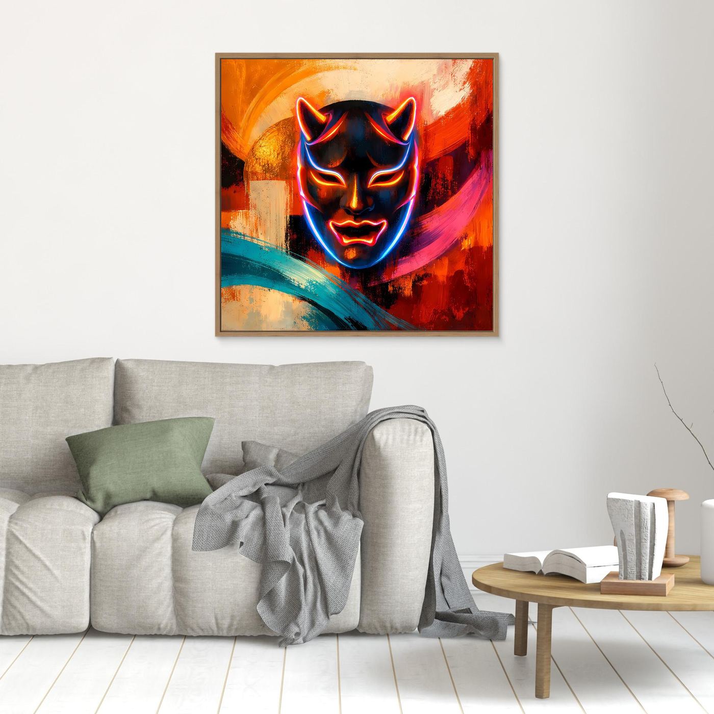 Kleines Leinwandbild mit leuchtender Oni-Maske im Neon-Look, braun gerahmt