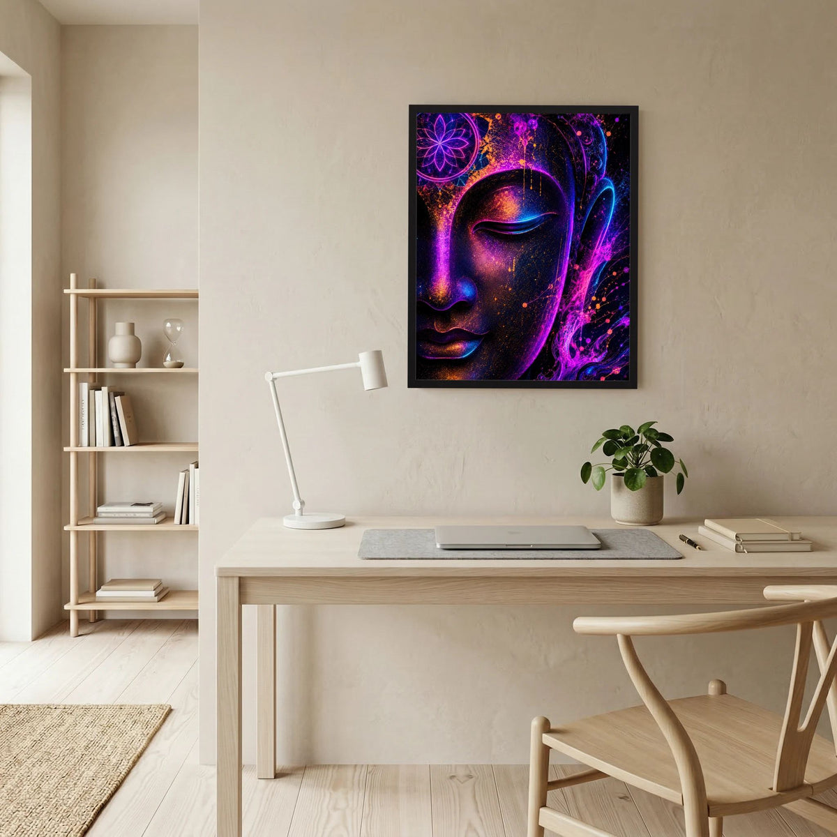 Neon-Buddha-Poster im schwarzen Rahmen mit lila-blauem Buddha-Gesicht und goldenen Akzenten.