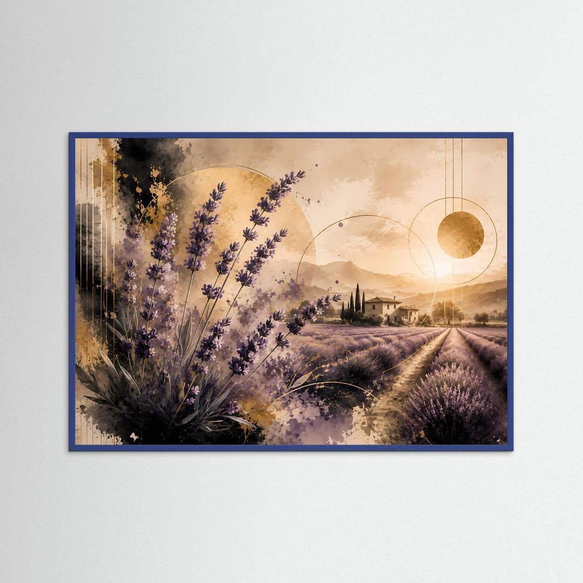 Poster im Querformat mit Lavendelfeld in Violett, goldenen Kreisen und blauem Rahmen