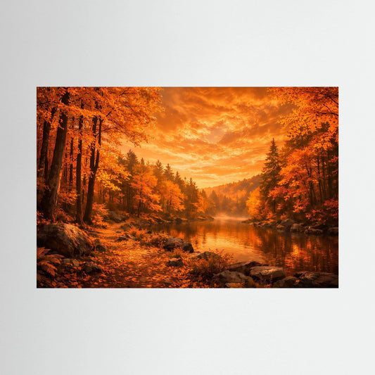 Wandbild im Querformat: Herbstlicher Fluss mit orangefarbenem Sonnenuntergang im Wald