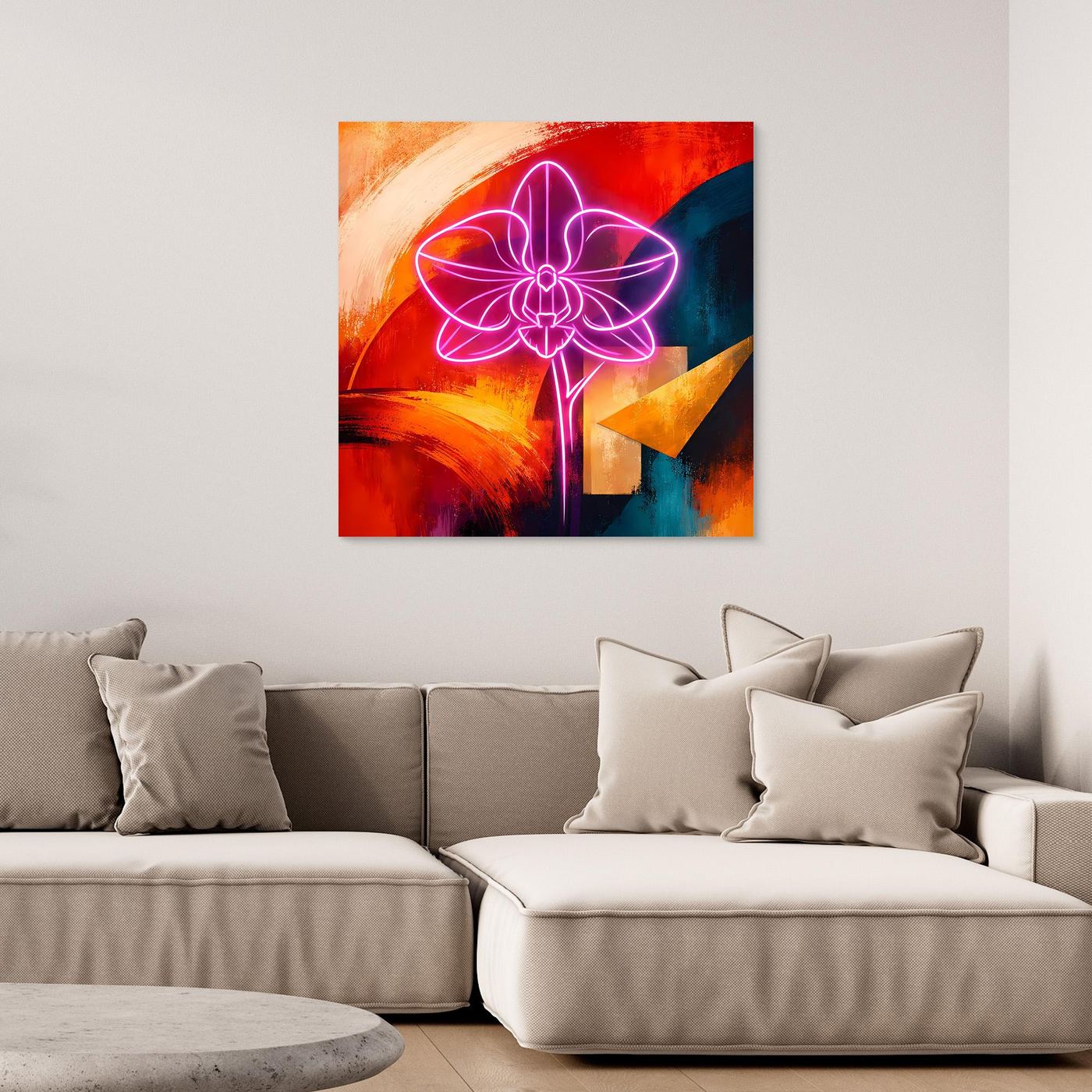 Gerahmtes abstraktes Leinwandbild mit leuchtender Orchidee in Neonpink auf buntem Hintergrund