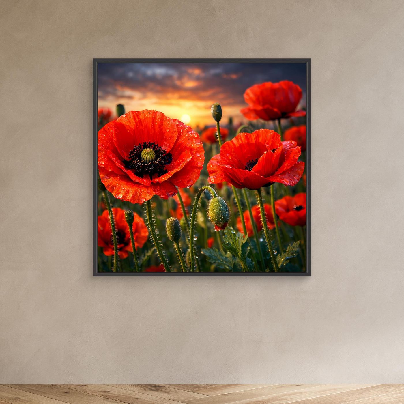 Leinwandbild mit roten Klatschmohnblüten im Sonnenuntergang, mit schwarzem Rahmen
