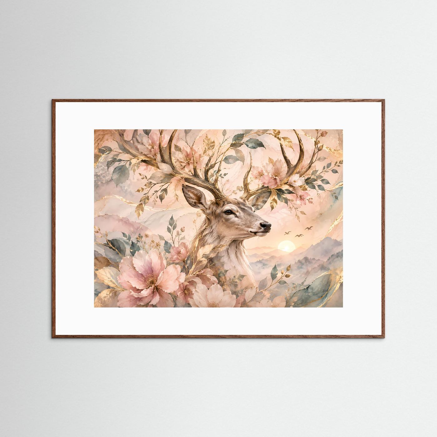 Hirsch mit Blüten Poster | Eleganter Hirsch in floraler Naturkunst | Pastell Wandbild mit Goldakzenten | Romantische Waldkunst | Premium Leinwand & Wall Art