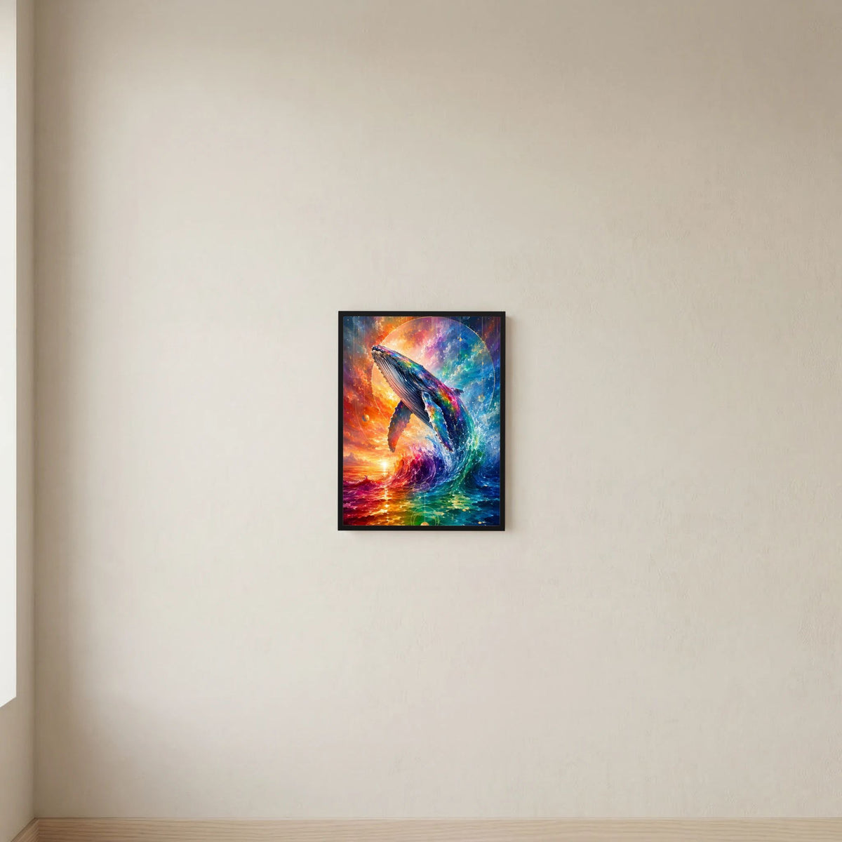 Abstraktes Walfisch-Poster im Hochformat mit Regenbogenfarben, schwarzer Rahmen