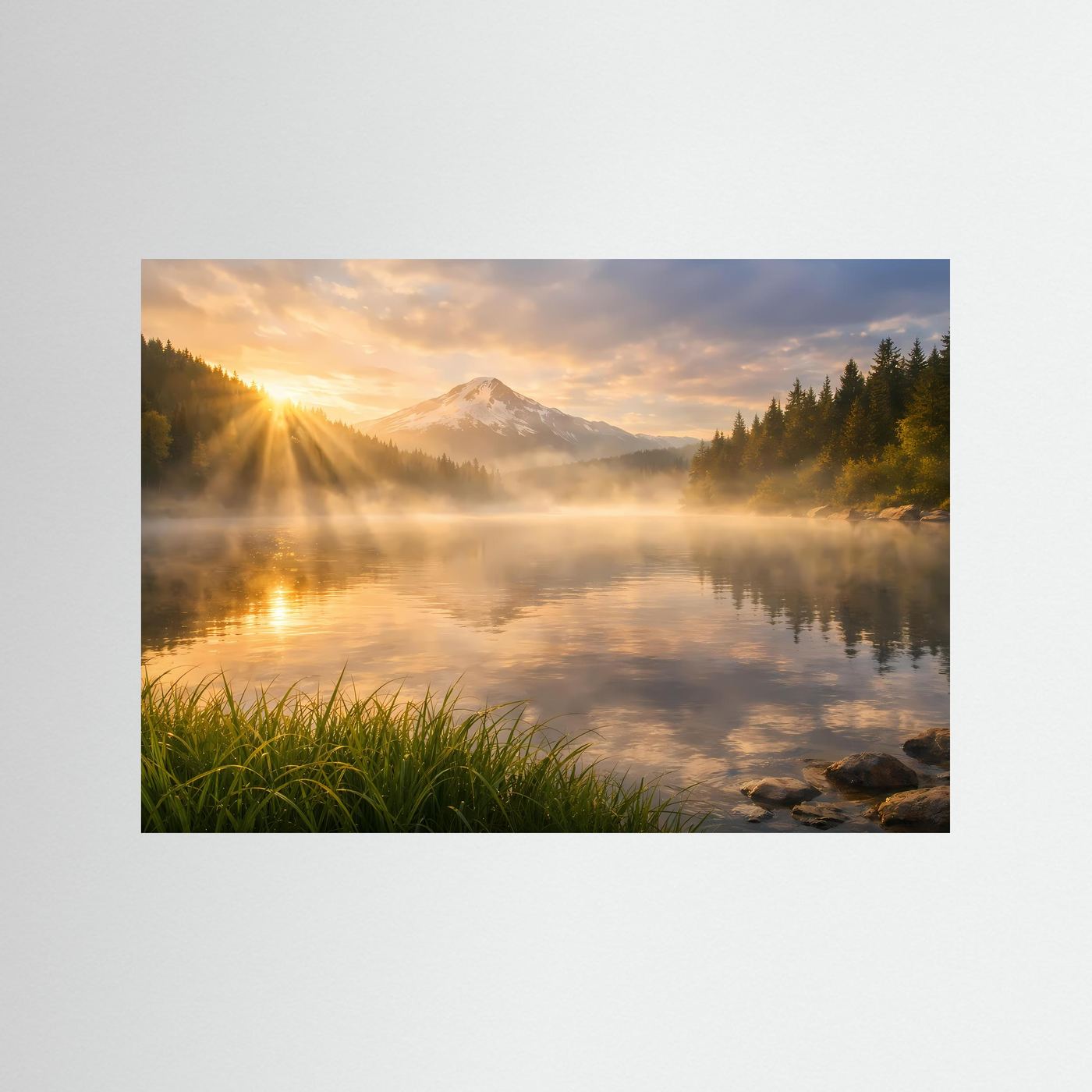 Wandbild im Querformat, Landschaft am See mit Sonnenaufgang, Nebel und Berge