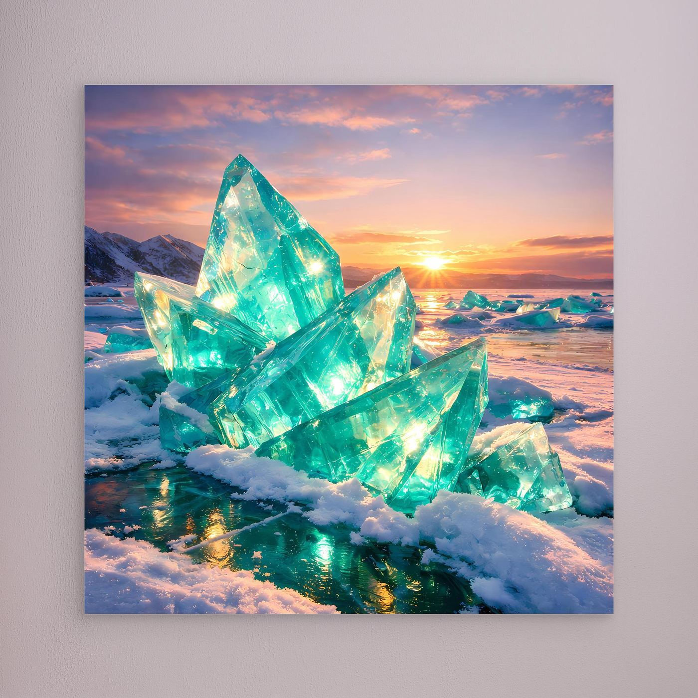 Leinwandbild mit türkisgrünen Eiskristallen in der Wintersonne, Rahmen nicht sichtbar