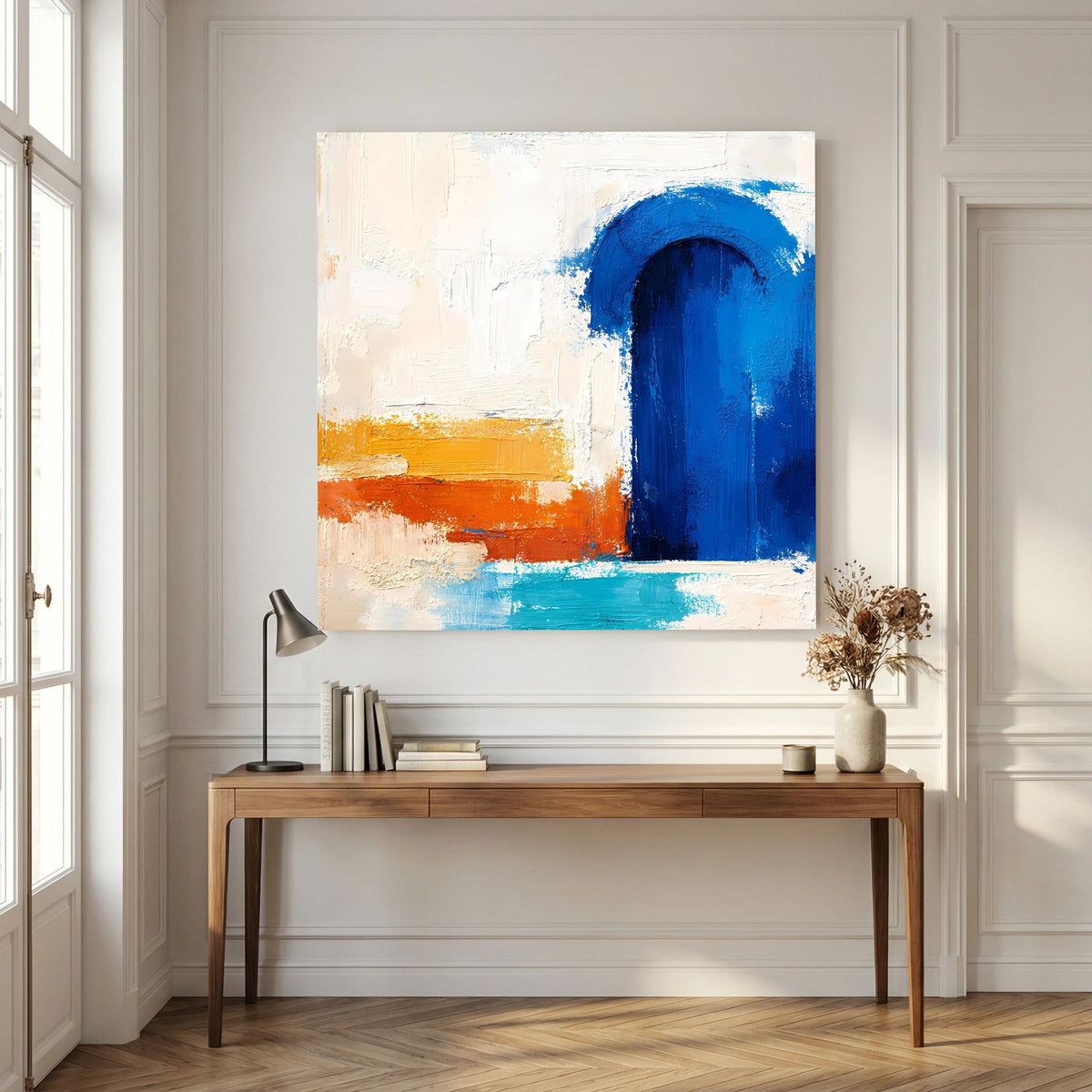 Abstraktes Leinwandbild mit blauem Torbogen, orangefarbener Strecke und türkisblauem Sockel