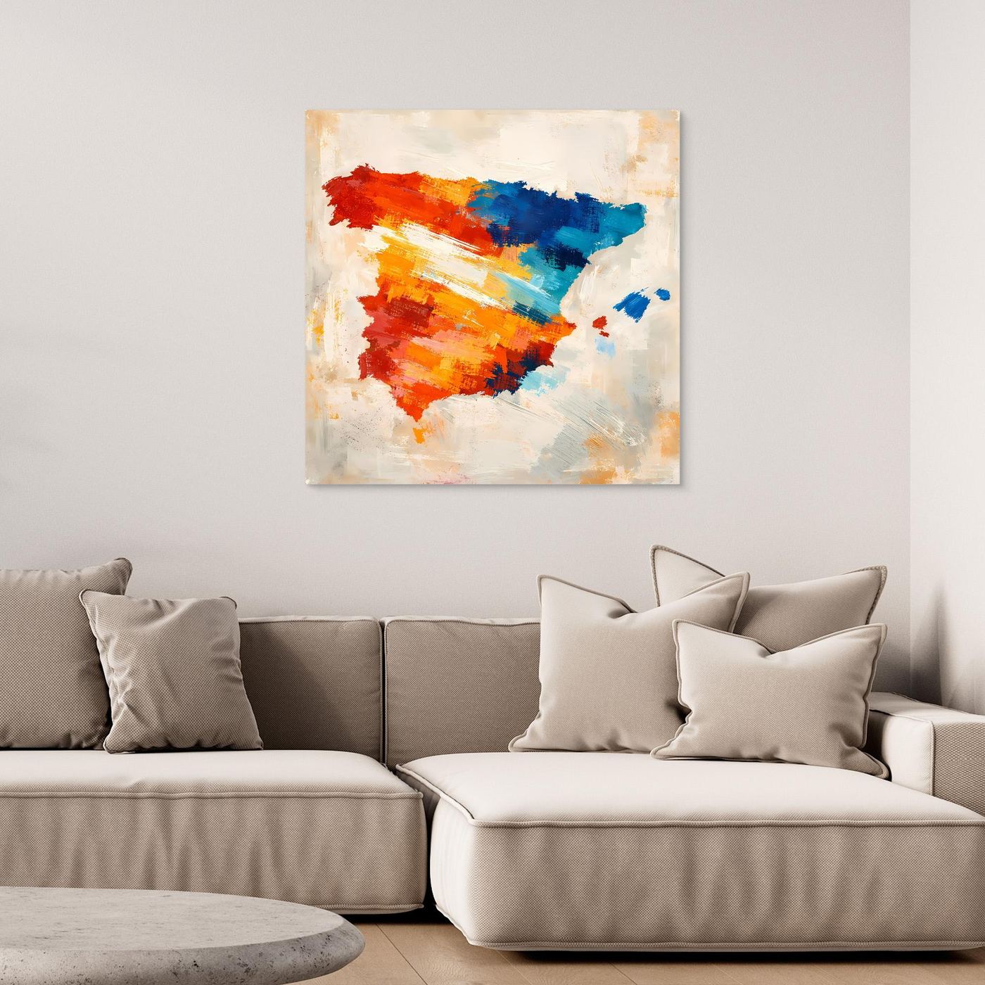 Abstract Spain map canvas wall art, red orange and blue on light background.